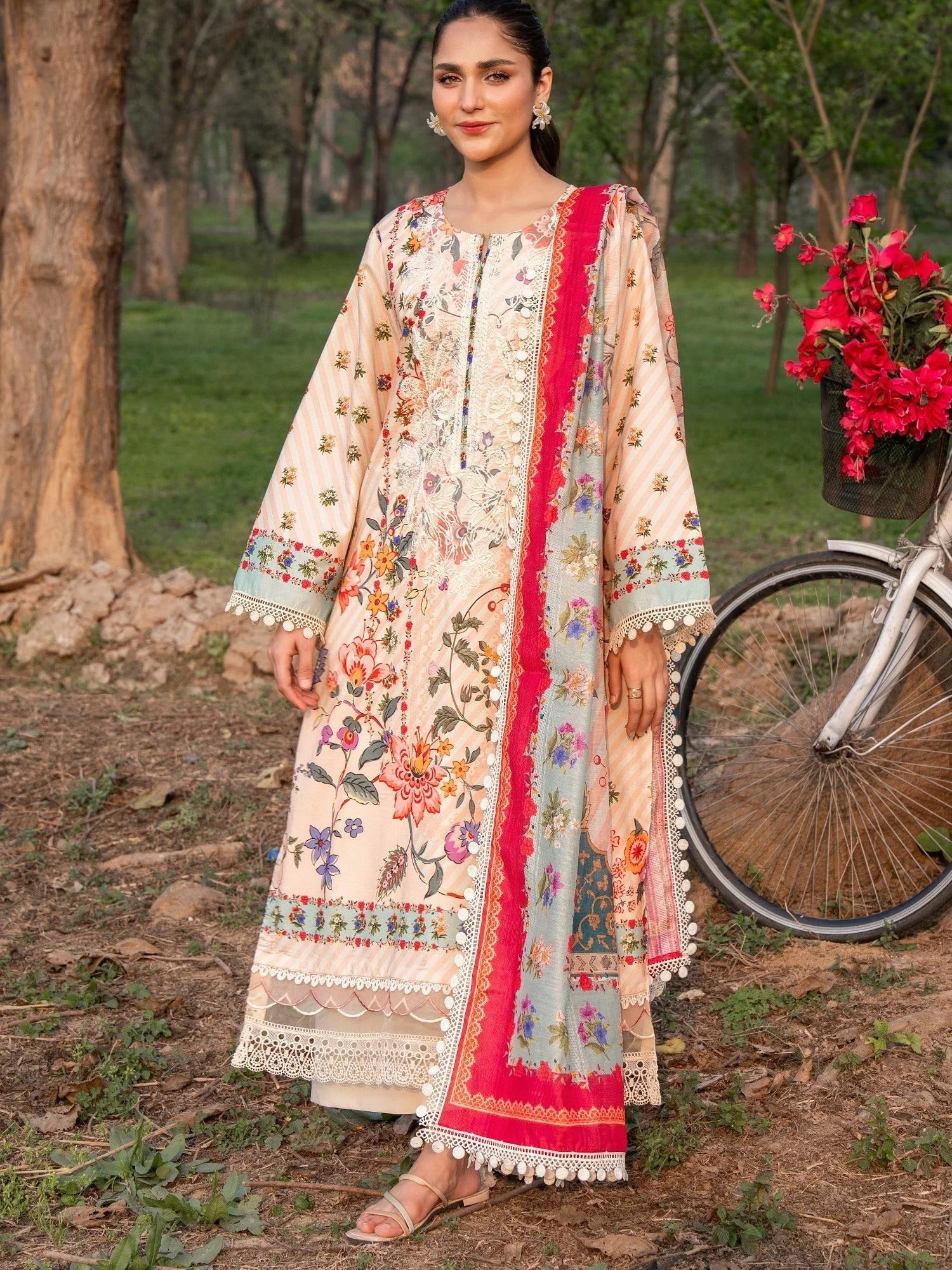 Peach-Chandan Nagri Lawn Embroidered Stitched 3-Piece Suit-Lie Wei