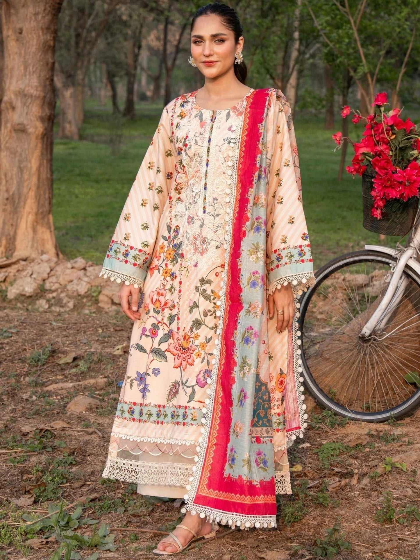 Peach-Chandan Nagri Lawn Embroidered Stitched 3-Piece Suit-Lie Wei