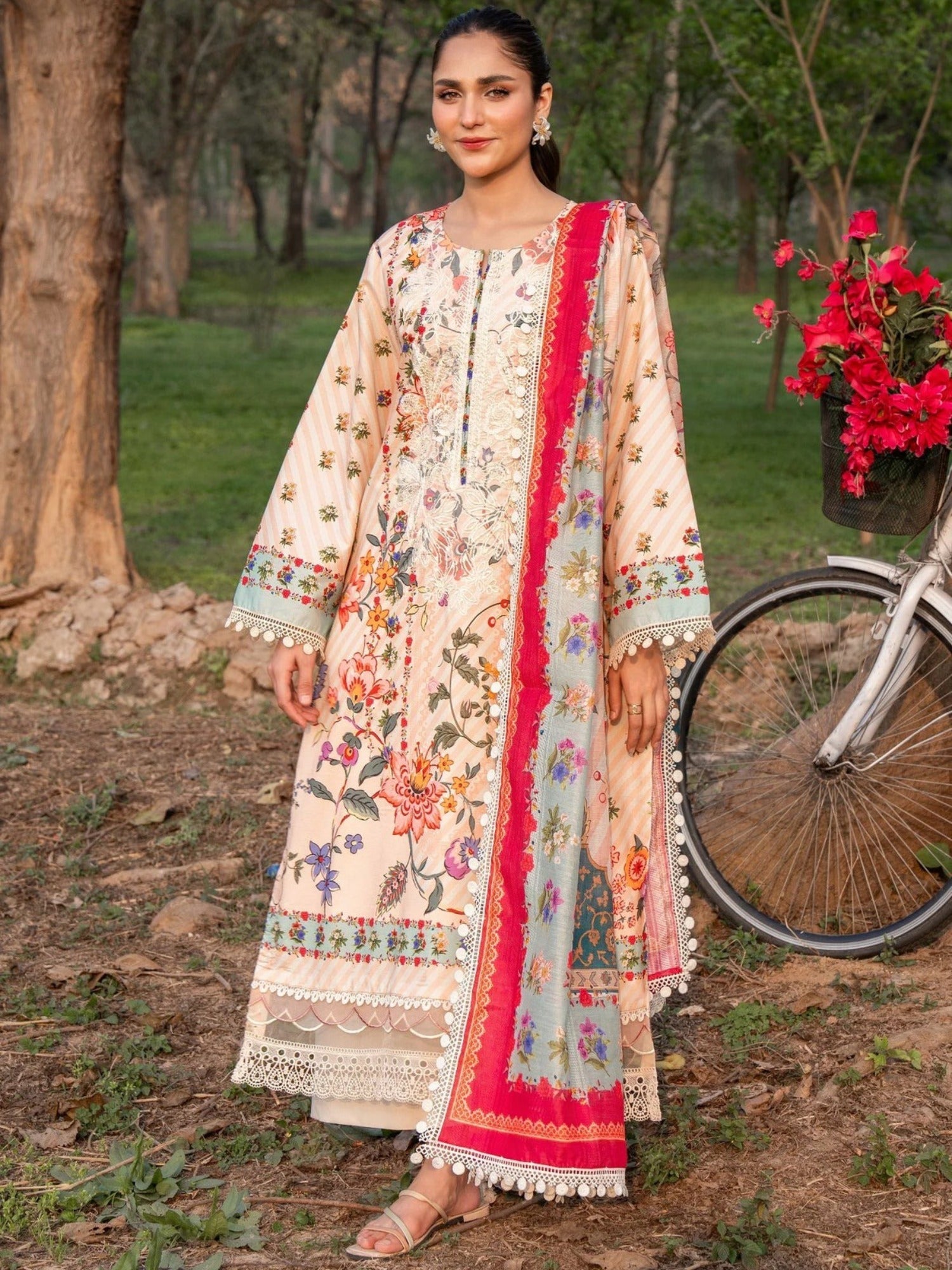 Peach-Chandan Nagri Lawn Embroidered Stitched 3-Piece Suit-Lie Wei