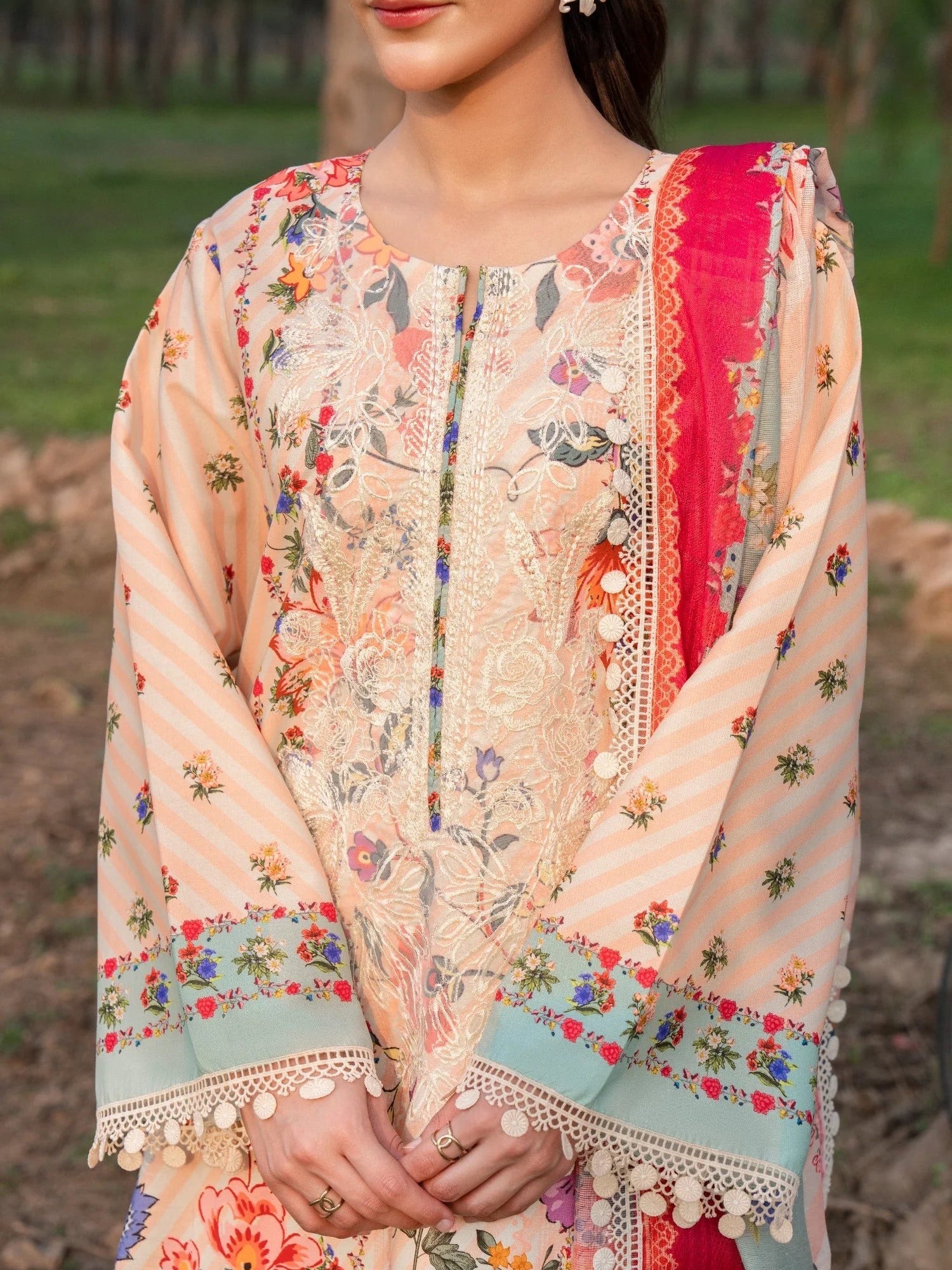 Peach-Chandan Nagri Lawn Embroidered Stitched 3-Piece Suit-Lie Wei