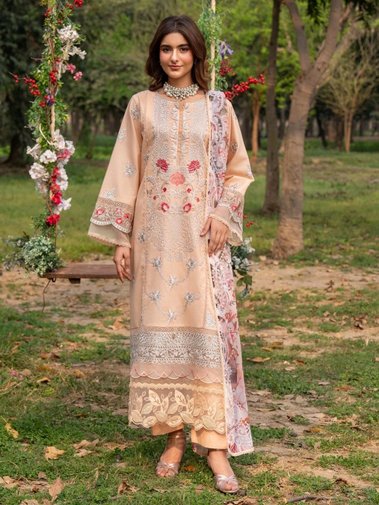 Peach-Chandan Nagri Lawn Embroidered Stitched 3-Piece Suit-Edel-Weiss