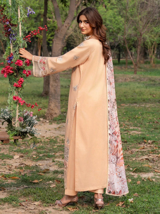 Peach-Chandan Nagri Lawn Embroidered Stitched 3-Piece Suit-Edel-Weiss