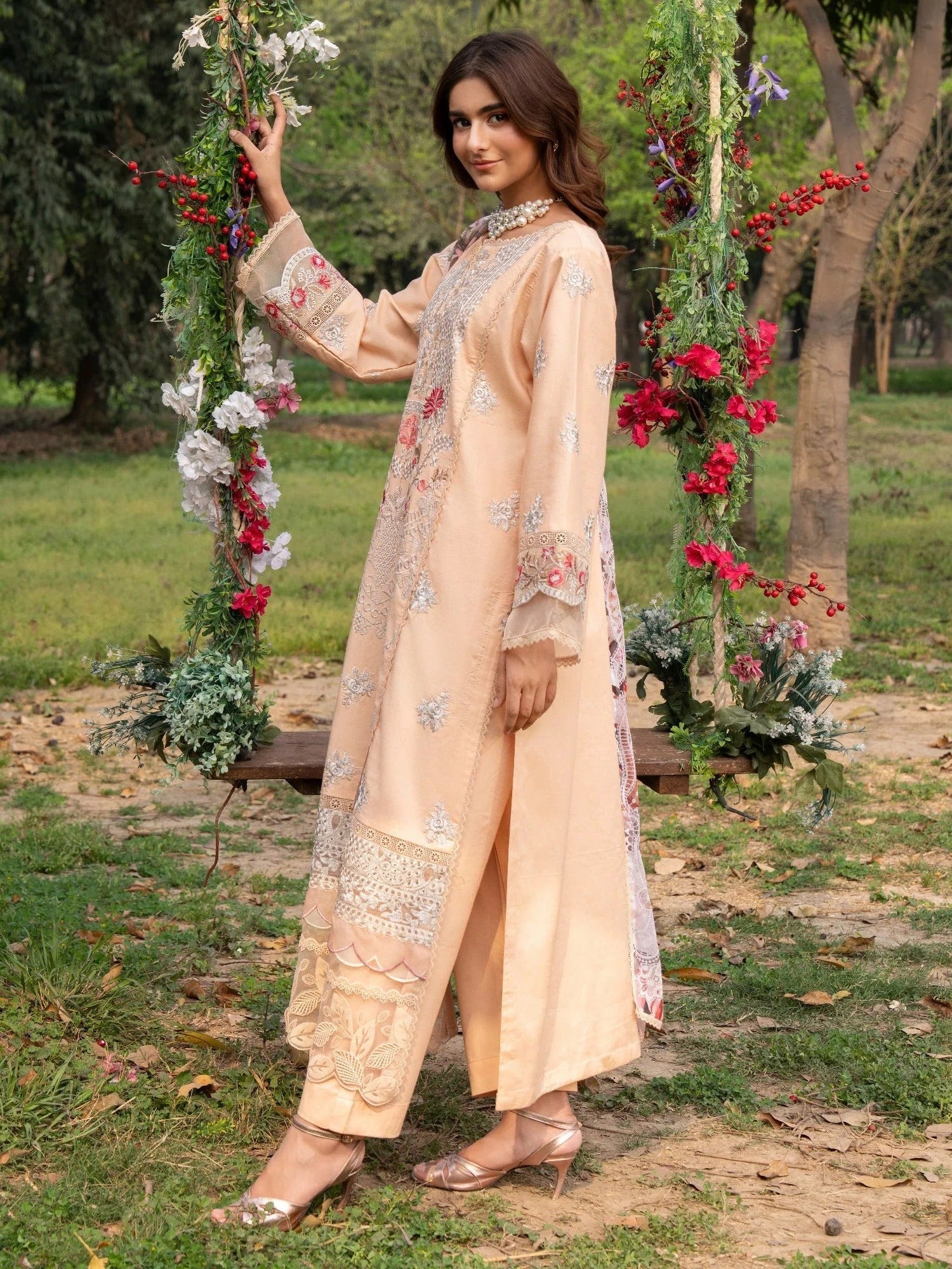Peach-Chandan Nagri Lawn Embroidered Stitched 3-Piece Suit-Edel-Weiss