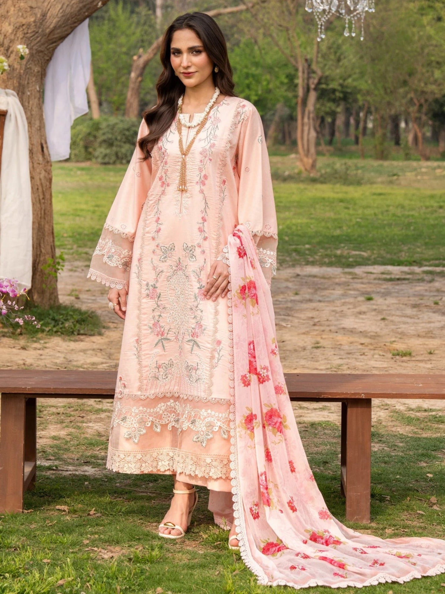Peach-Chandan Nagri Lawn Embroidered Stitched 3-Piece Suit-Eirlys
