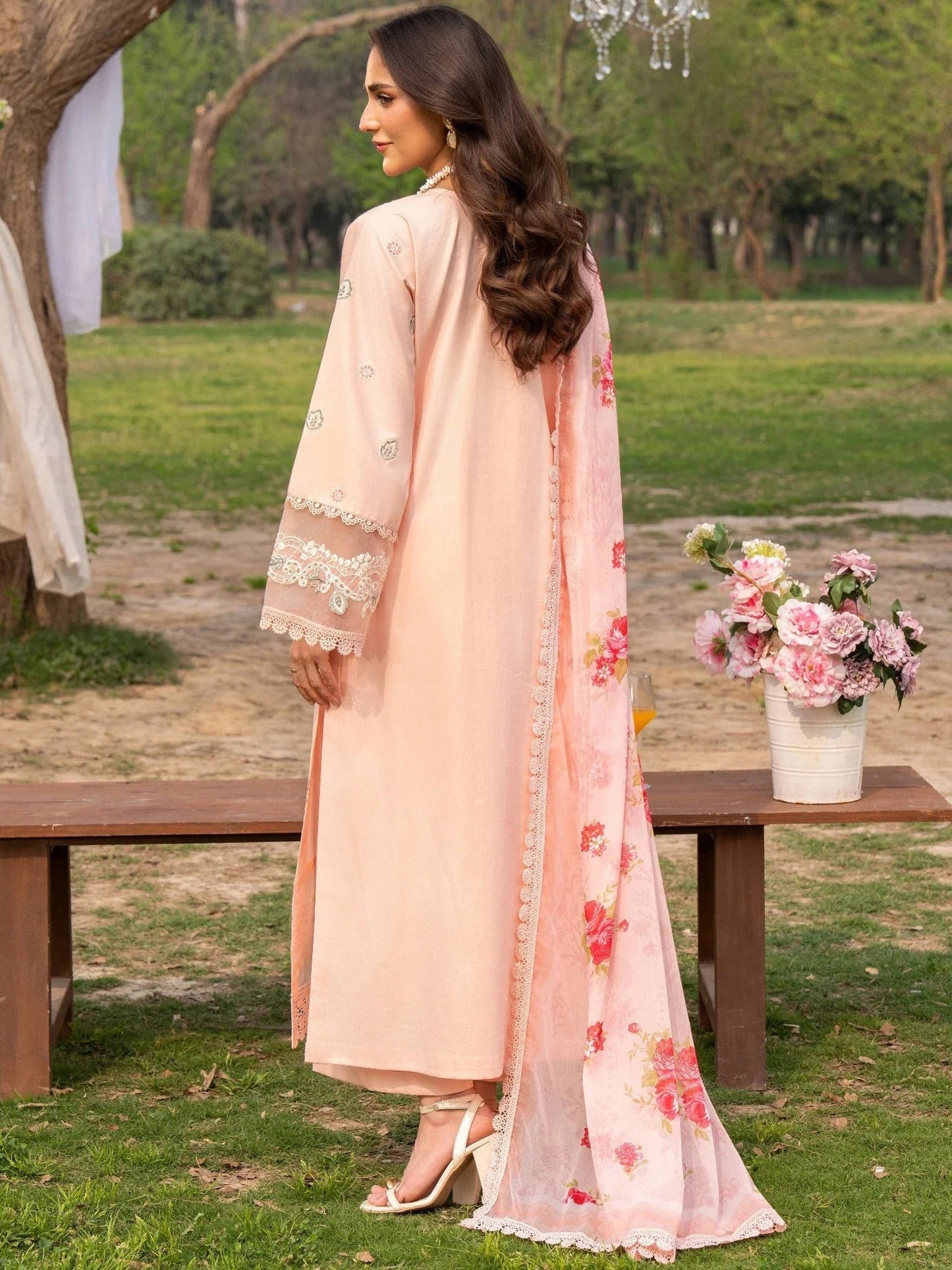 Peach-Chandan Nagri Lawn Embroidered Stitched 3-Piece Suit-Eirlys
