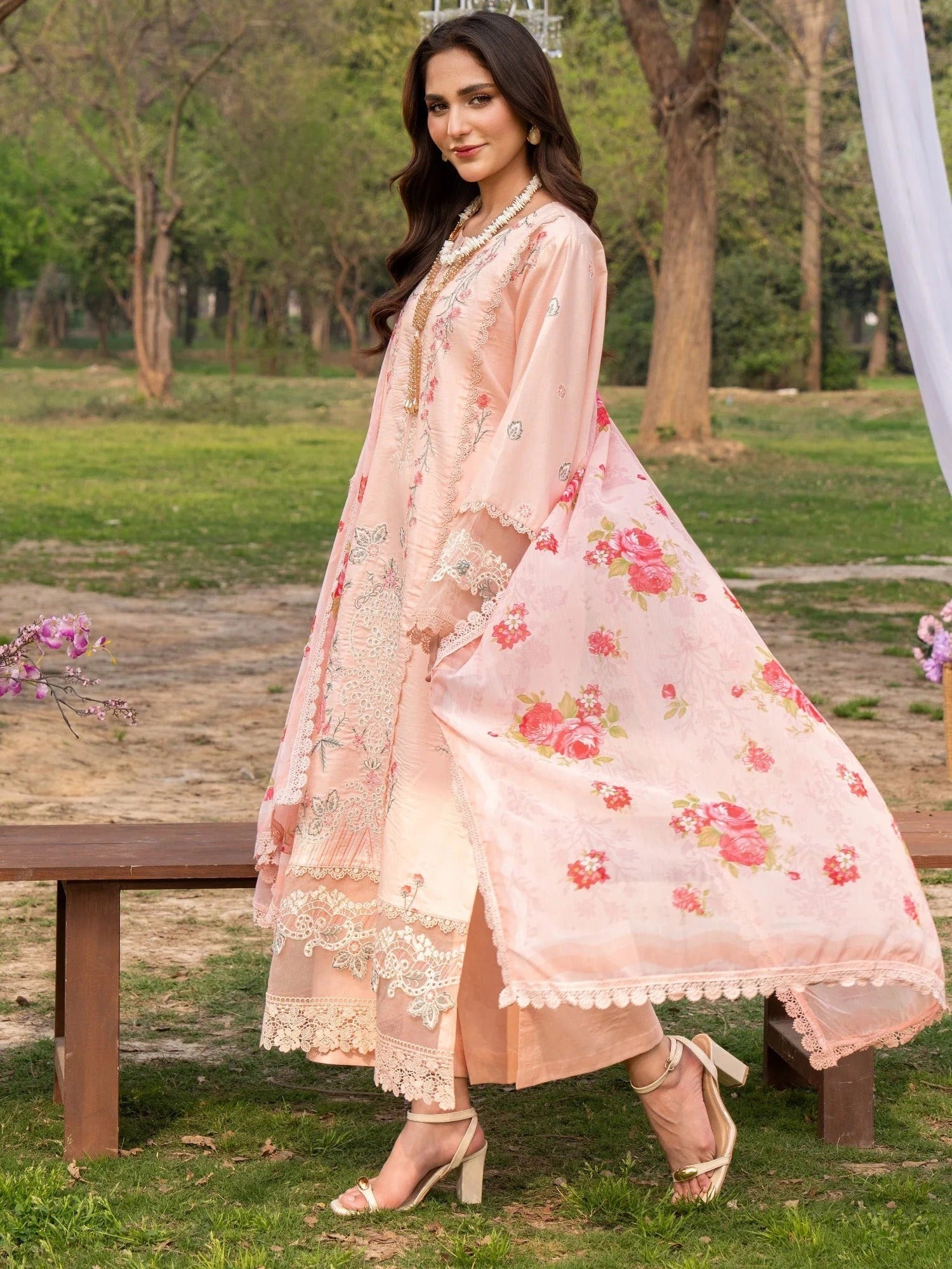 Peach-Chandan Nagri Lawn Embroidered Stitched 3-Piece Suit-Eirlys