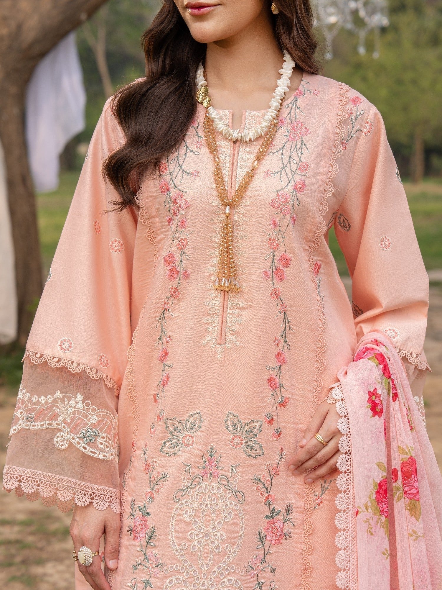 Peach-Chandan Nagri Lawn Embroidered Stitched 3-Piece Suit-Eirlys