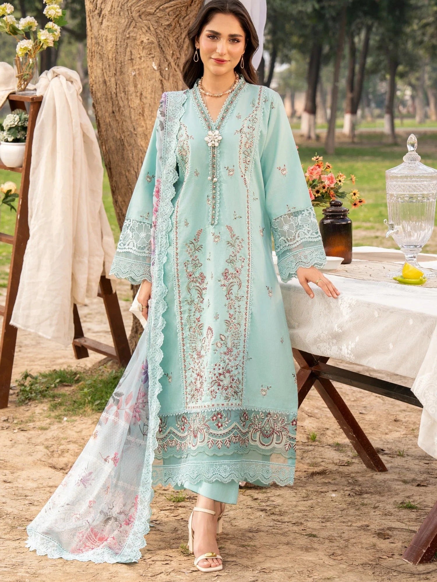 Blue-Chandan Nagri Lawn Embroidered Stitched 3-Piece Suit-Cassia