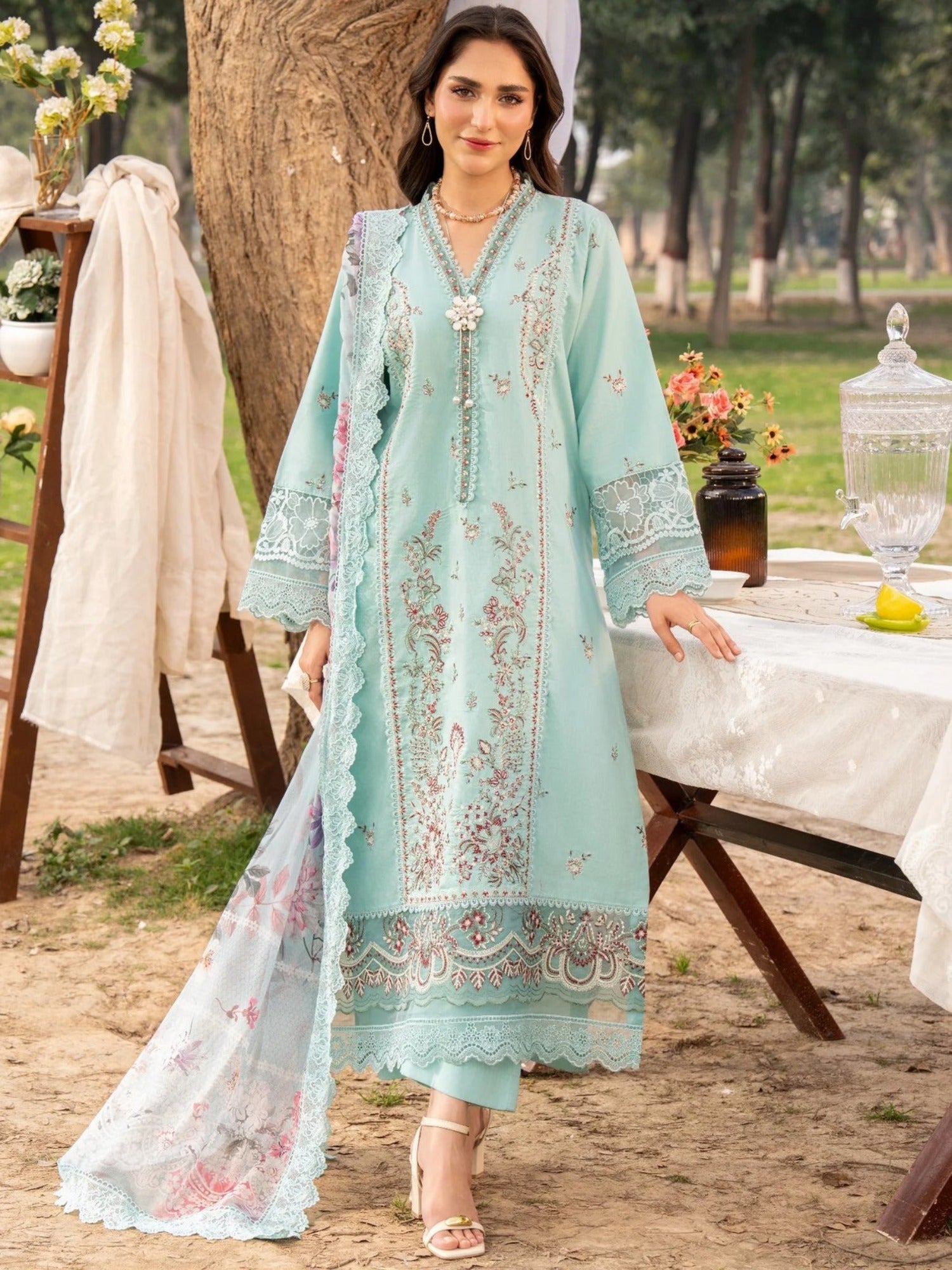 Blue-Chandan Nagri Lawn Embroidered Stitched 3-Piece Suit-Cassia