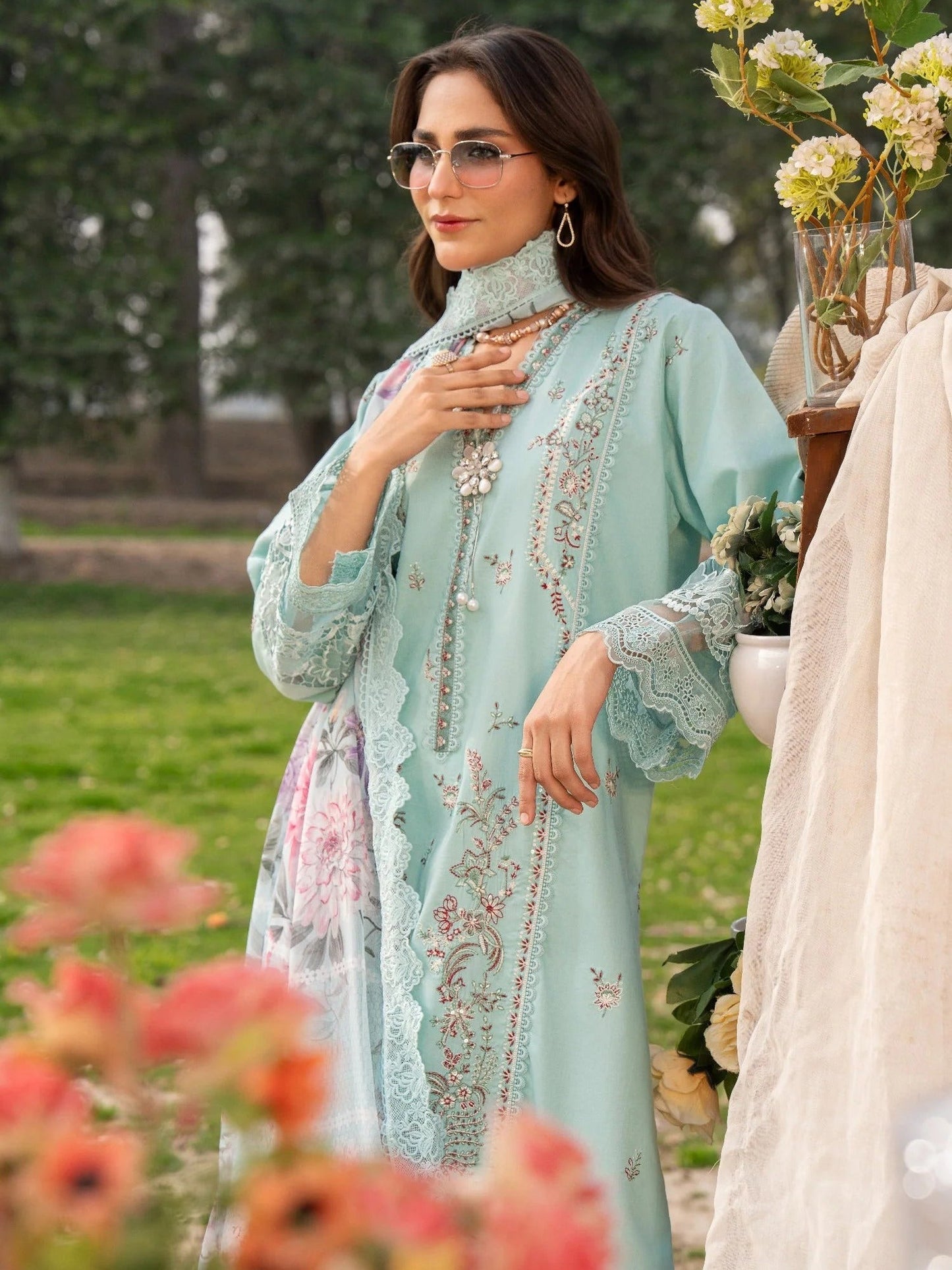 Blue-Chandan Nagri Lawn Embroidered Stitched 3-Piece Suit-Cassia