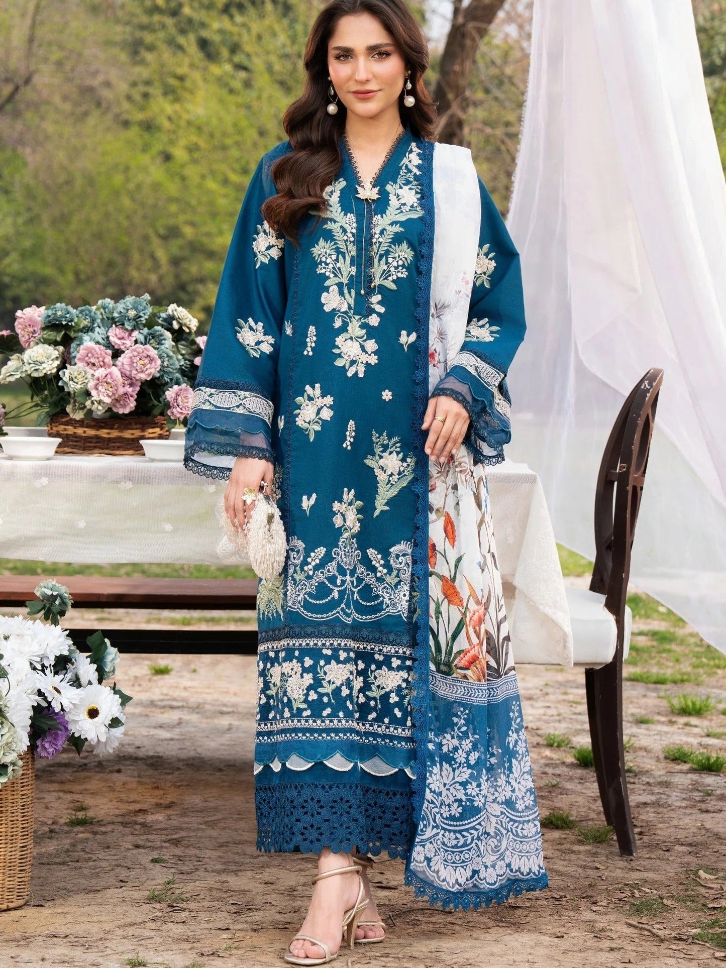 Blue-Chandan Nagri Lawn Embroidered Stitched 3-Piece Suit-Mudan Luxe