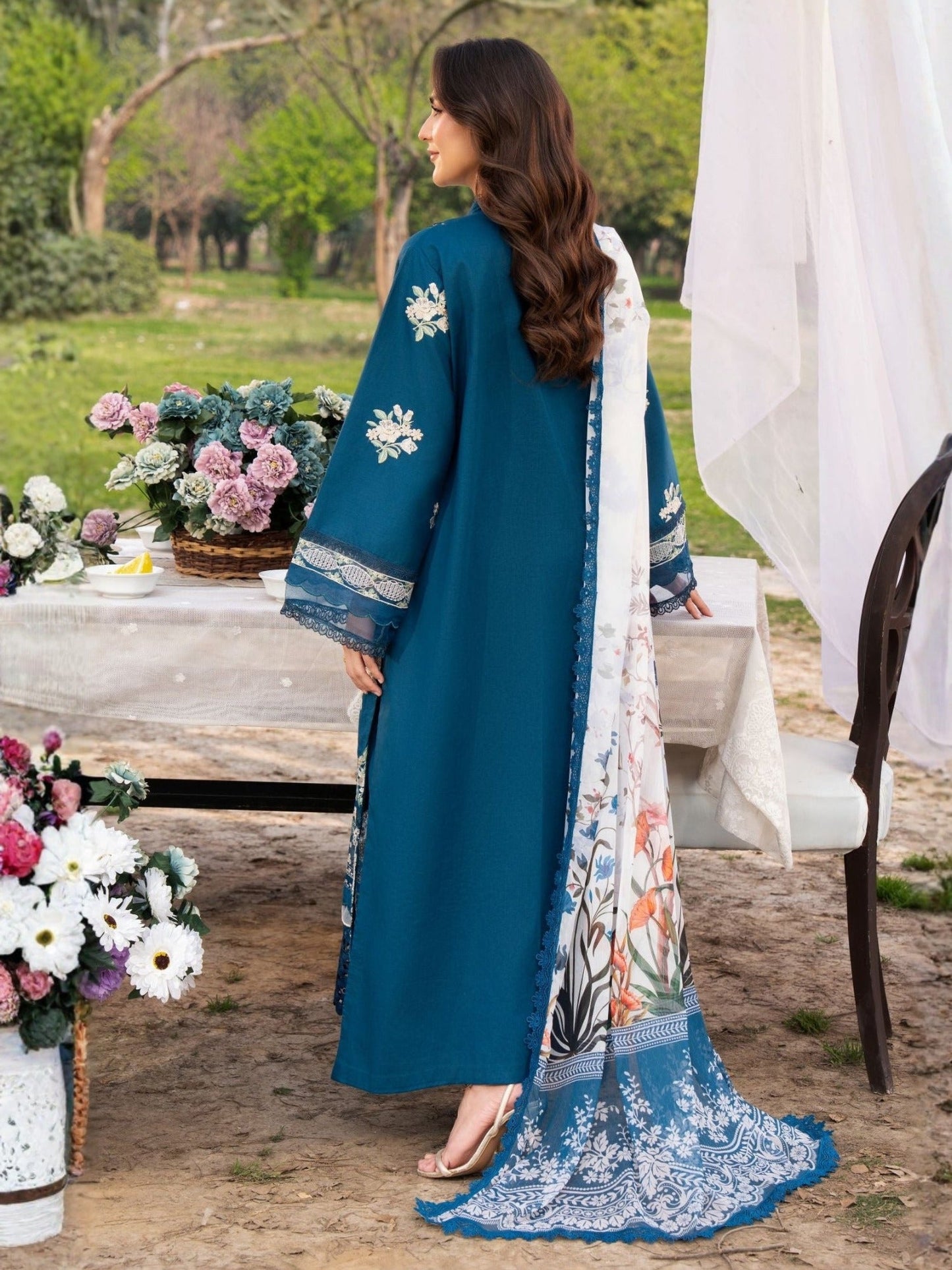 Blue-Chandan Nagri Lawn Embroidered Stitched 3-Piece Suit-Mudan Luxe