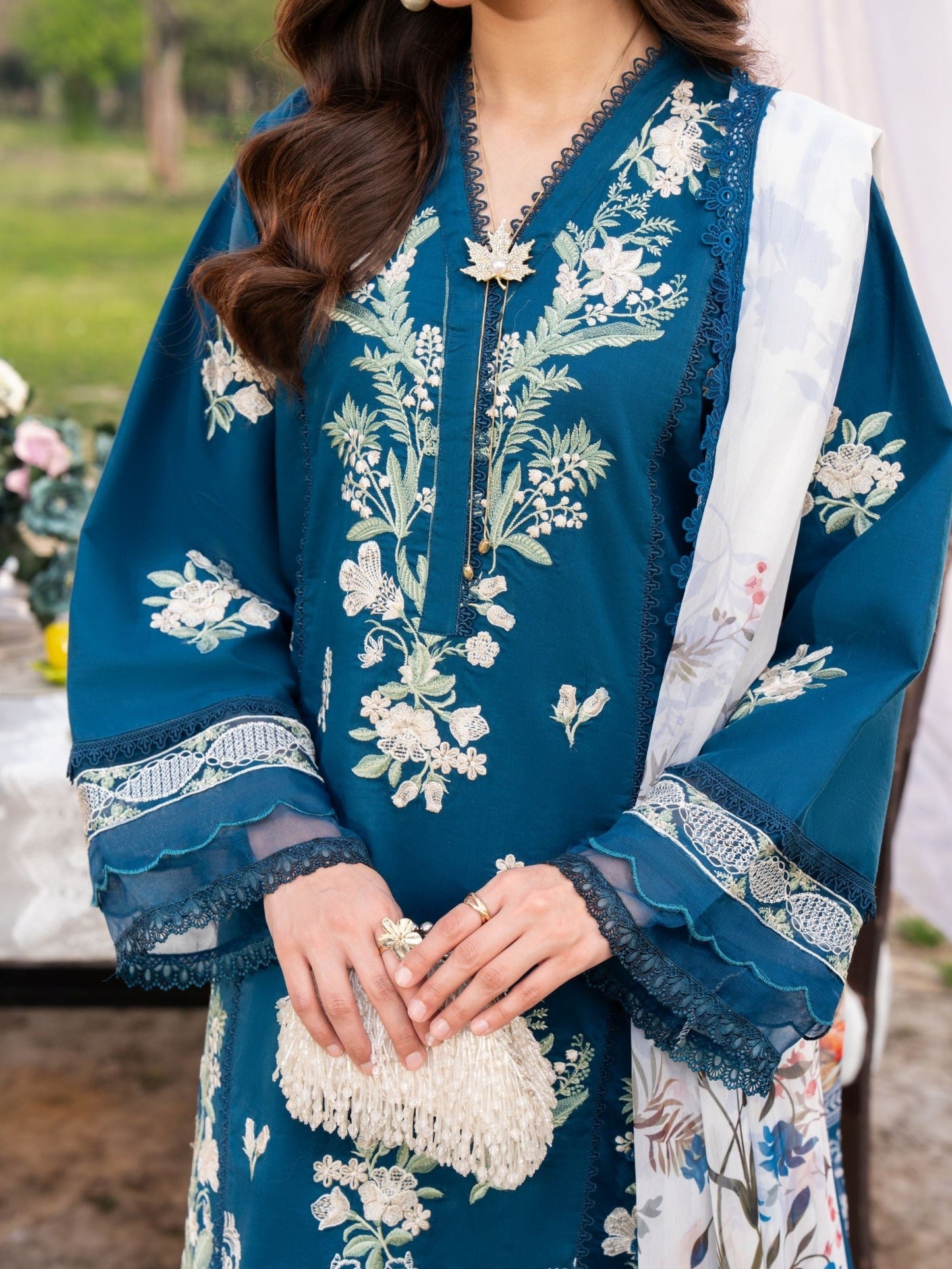 Blue-Chandan Nagri Lawn Embroidered Stitched 3-Piece Suit-Mudan Luxe