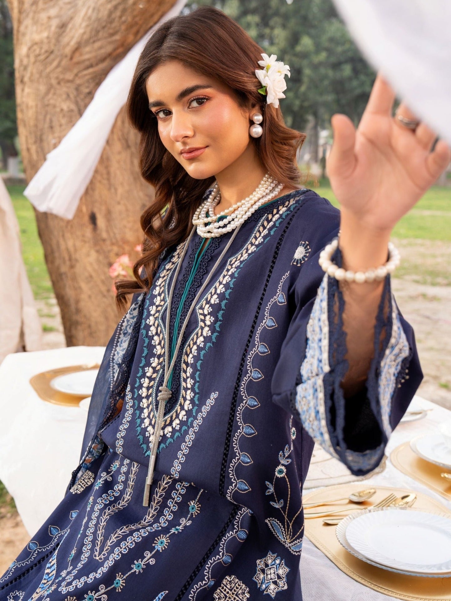 Blue-Chandan Nagri Lawn Embroidered Stitched 3-Piece Suit-Souci