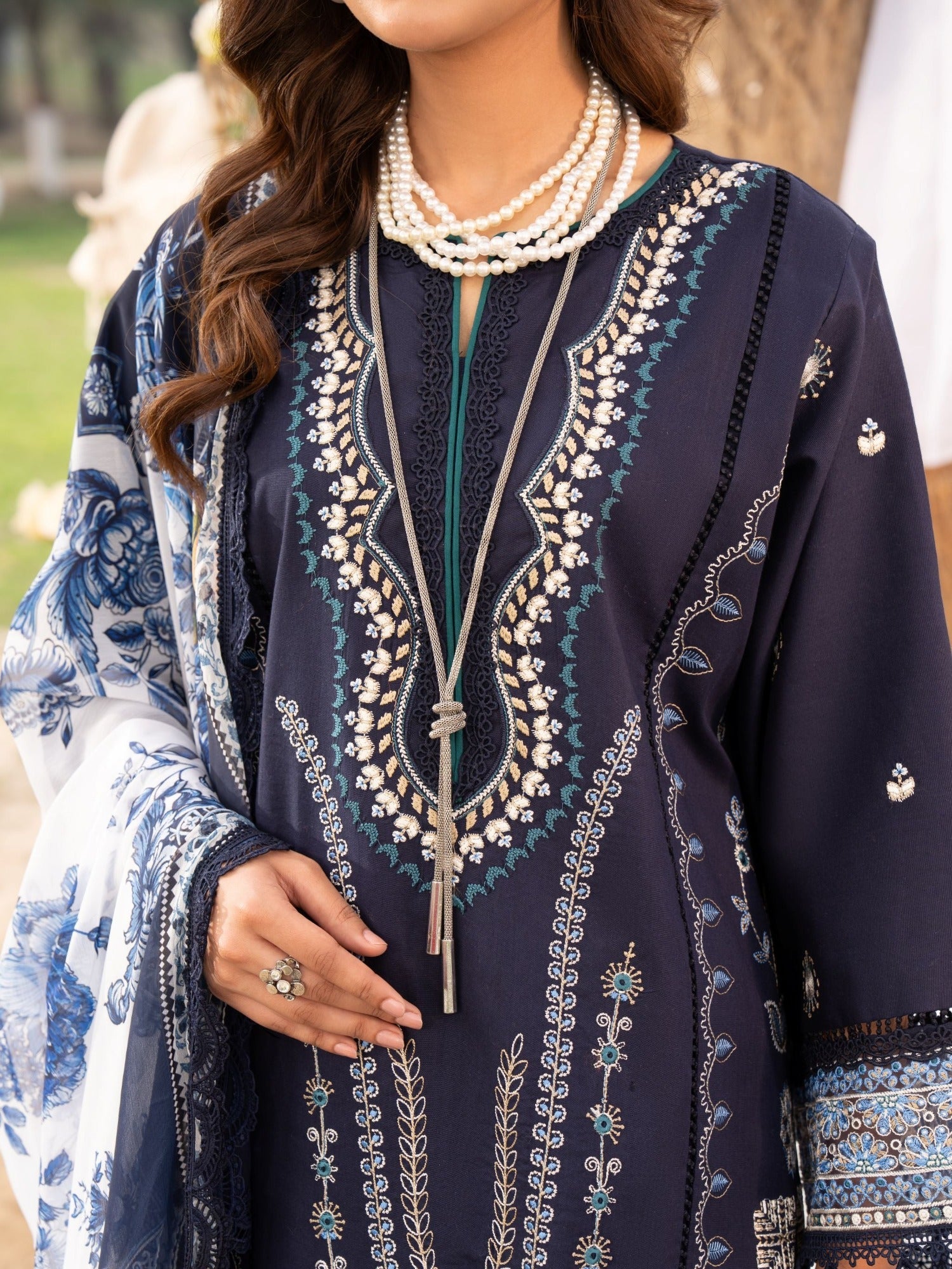 Blue-Chandan Nagri Lawn Embroidered Stitched 3-Piece Suit-Souci