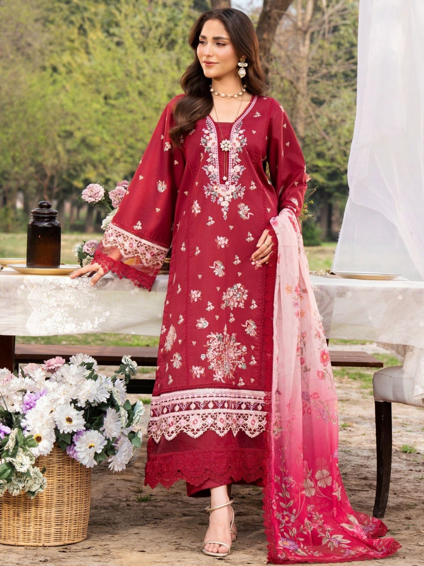 Red-Chandan Nagri Lawn Embroidered Stitched 3-Piece Suit-Laleh Rose