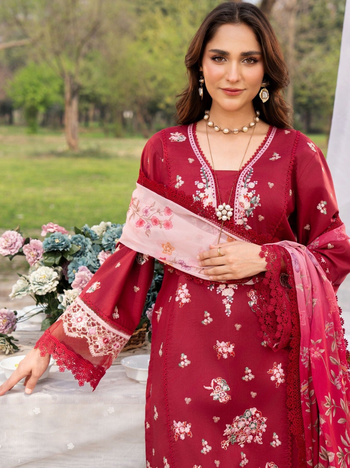 Red-Chandan Nagri Lawn Embroidered Stitched 3-Piece Suit-Laleh Rose