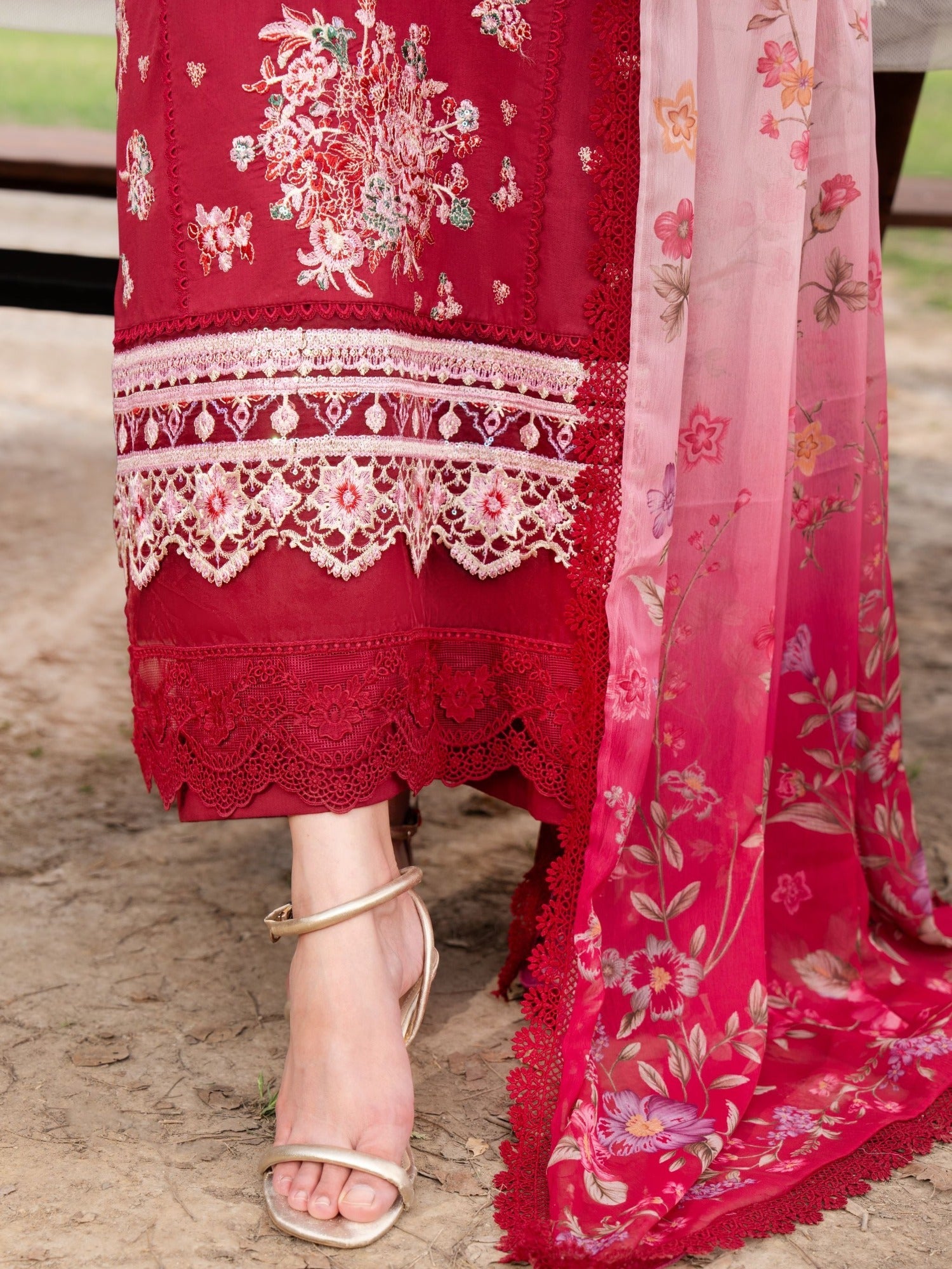 Red-Chandan Nagri Lawn Embroidered Stitched 3-Piece Suit-Laleh Rose