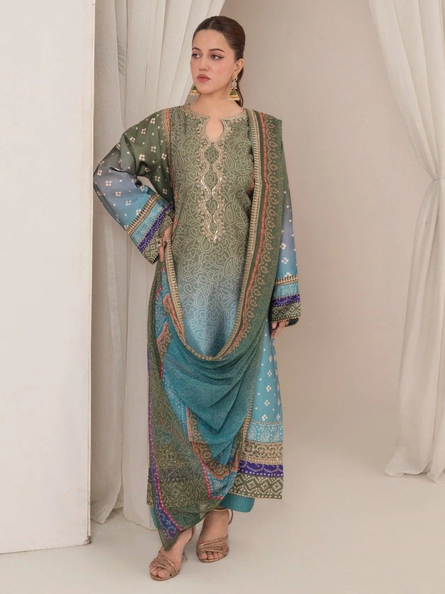 Blue-Chandan Nagri Silk Embroidered Stitched 3-Piece Suit-Selin