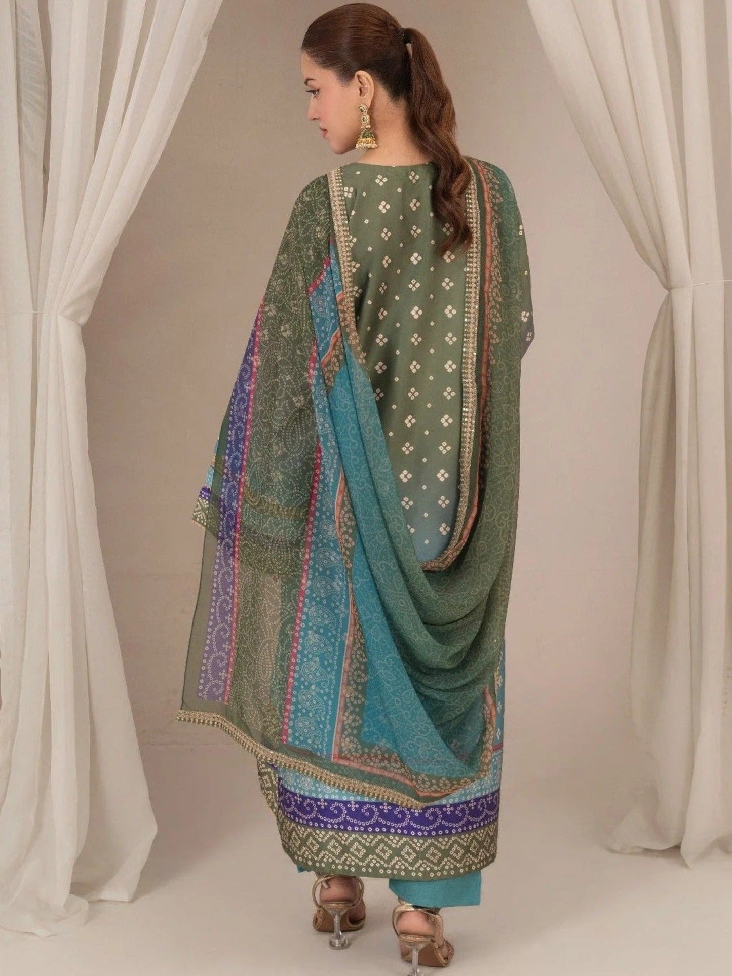 Blue-Chandan Nagri Silk Embroidered Stitched 3-Piece Suit-Selin