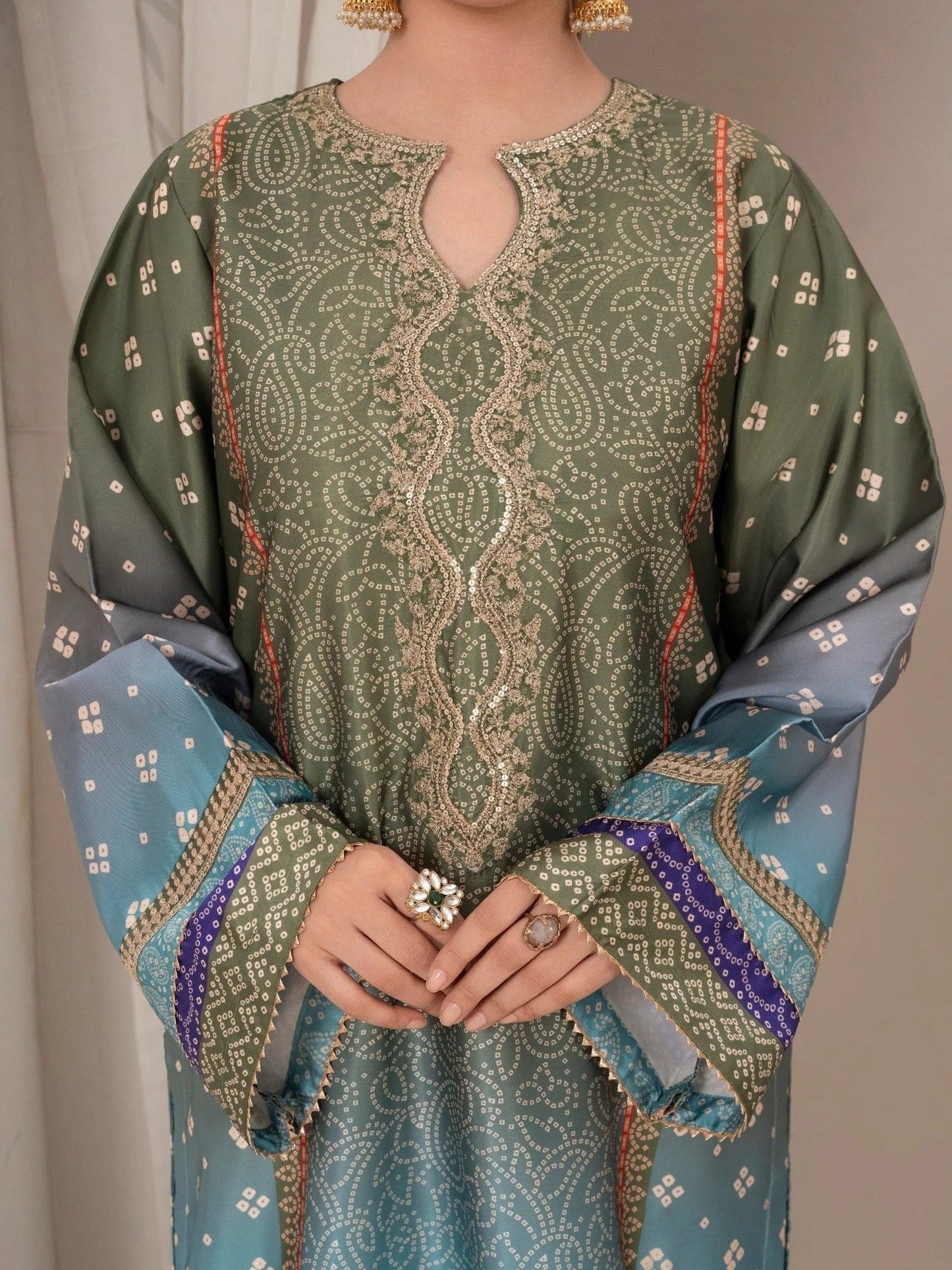 Blue-Chandan Nagri Silk Embroidered Stitched 3-Piece Suit-Selin