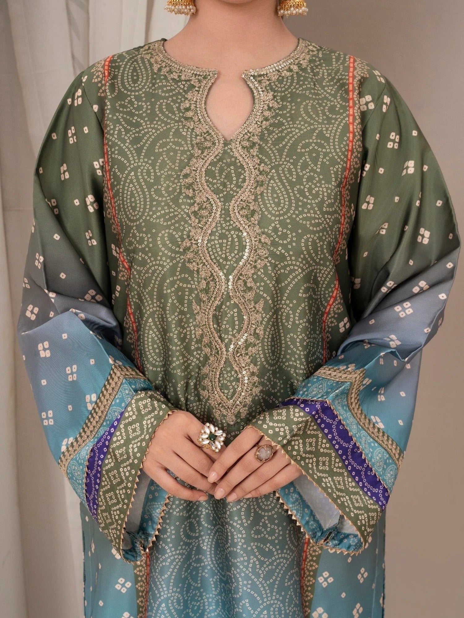 Blue-Chandan Nagri Silk Embroidered Stitched 3-Piece Suit-Selin