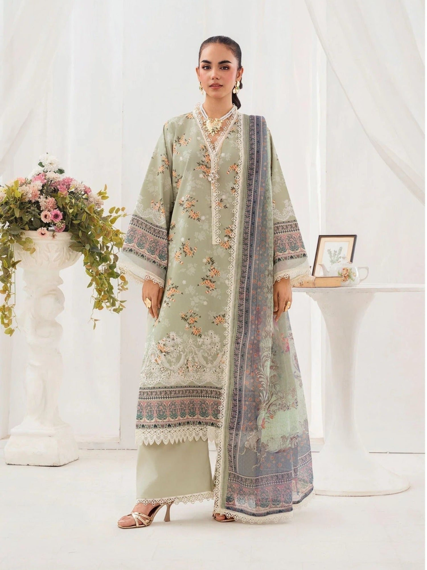 Mint green-Chandan Nagri Lawn Embroidered Stitched 3-Piece Suit-Zania_