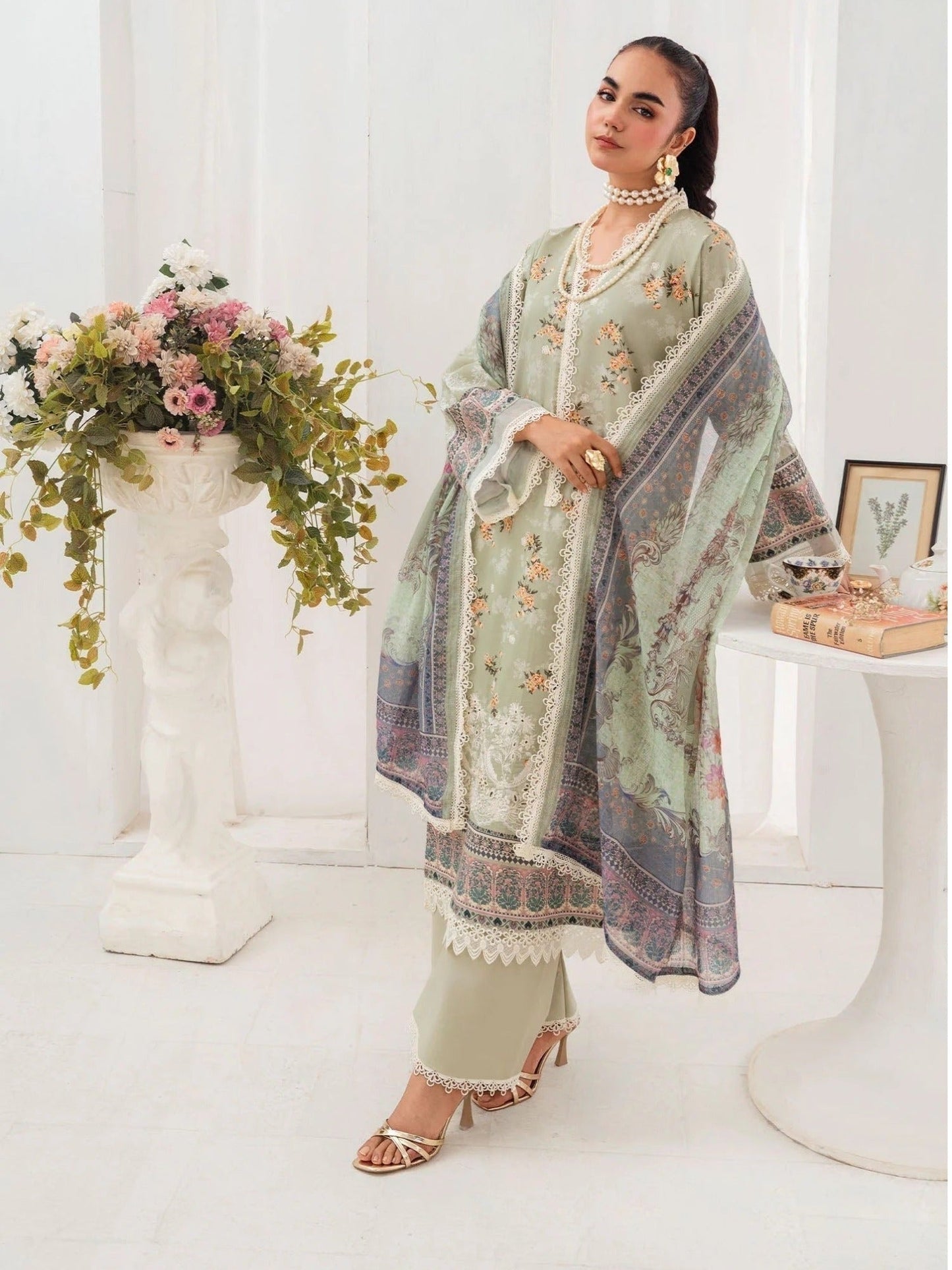 Mint green-Chandan Nagri Lawn Embroidered Stitched 3-Piece Suit-Zania_