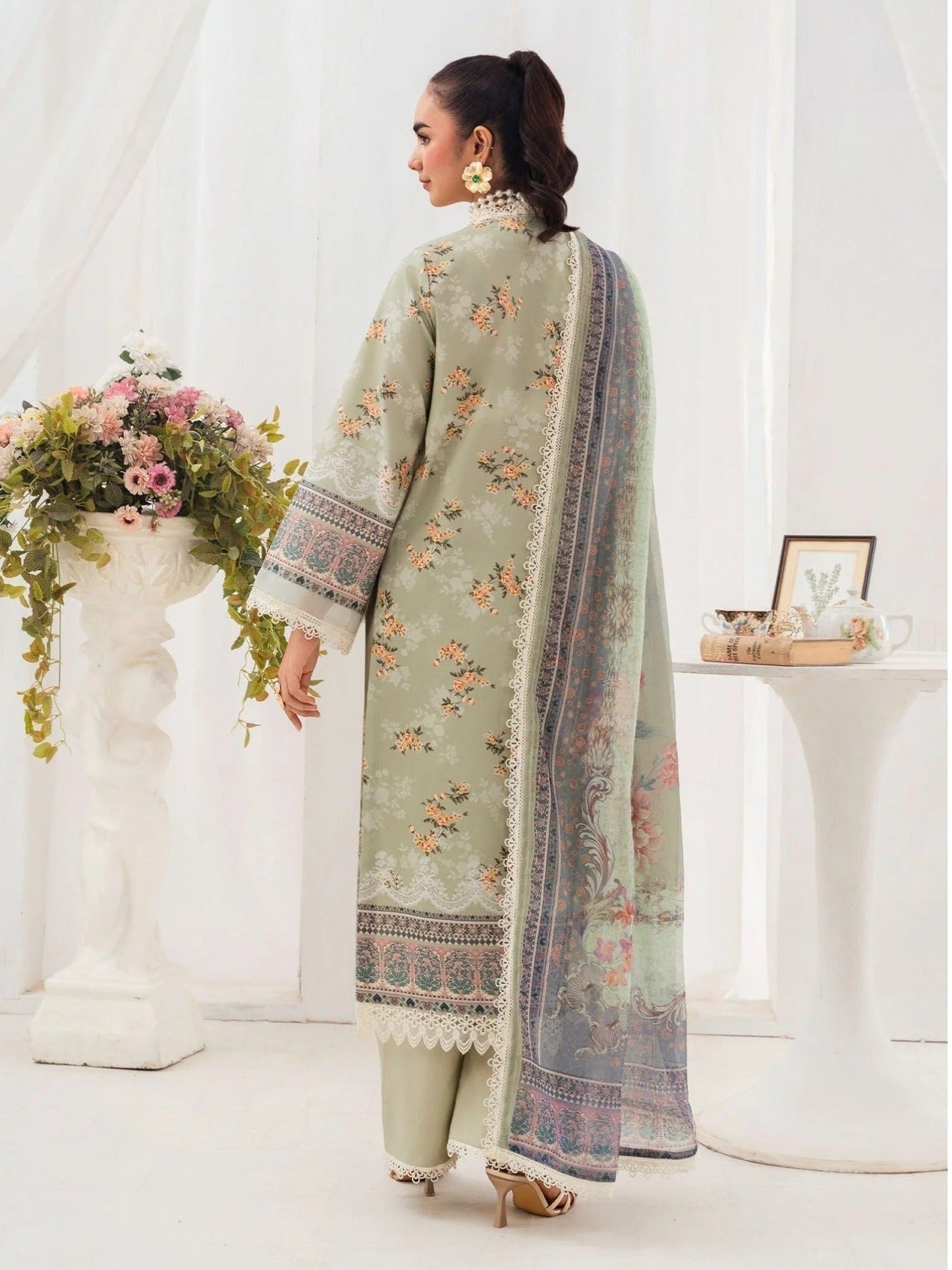 Mint green-Chandan Nagri Lawn Embroidered Stitched 3-Piece Suit-Zania_