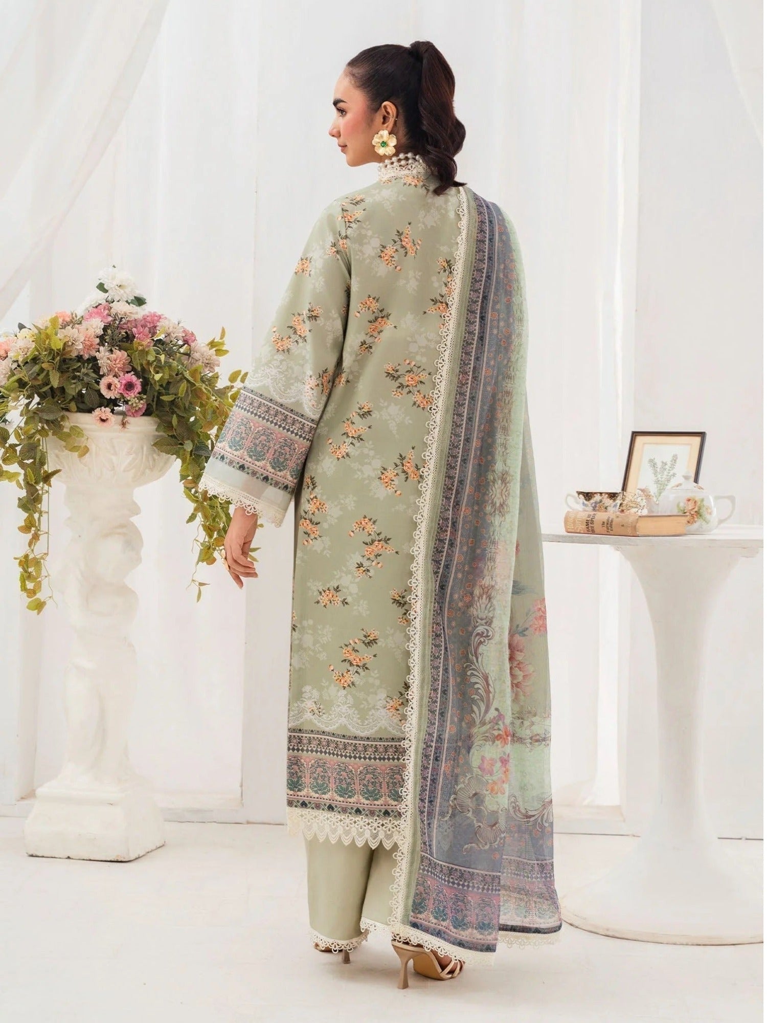 Mint green-Chandan Nagri Lawn Embroidered Stitched 3-Piece Suit-Zania_
