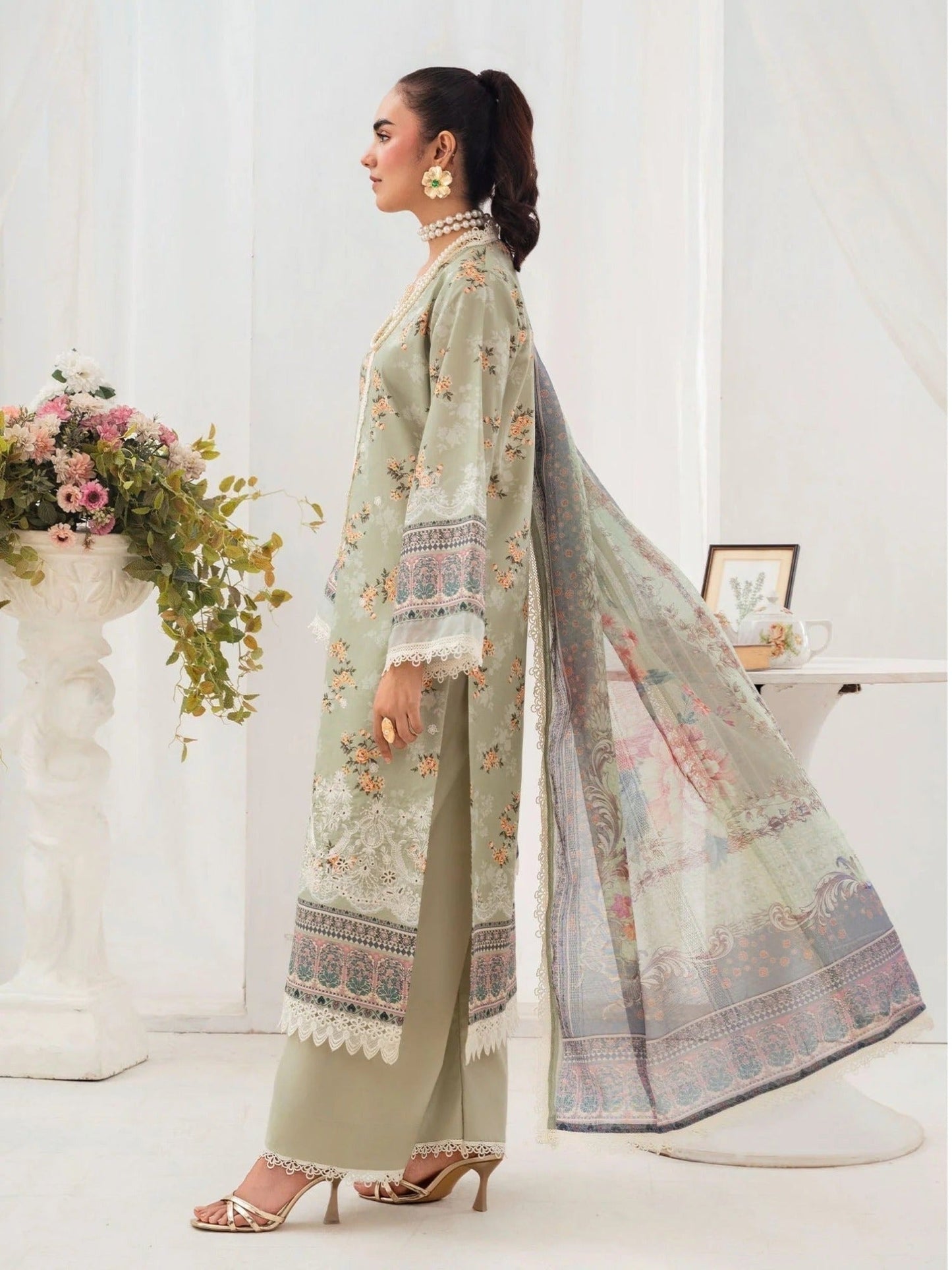 Mint green-Chandan Nagri Lawn Embroidered Stitched 3-Piece Suit-Zania_