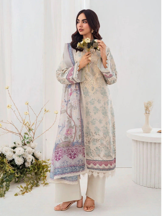 Mint and Cream-Chandan Nagri Lawn Embroidered Stitched 3-Piece Suit-Azure-Ivory