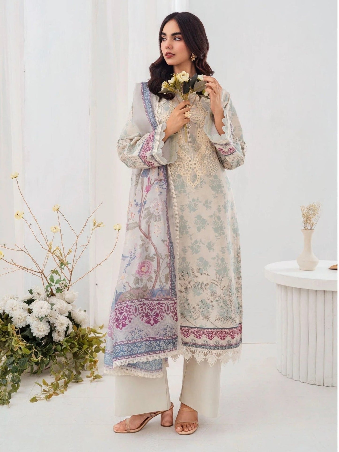 Mint and Cream-Chandan Nagri Lawn Embroidered Stitched 3-Piece Suit-Azure-Ivory