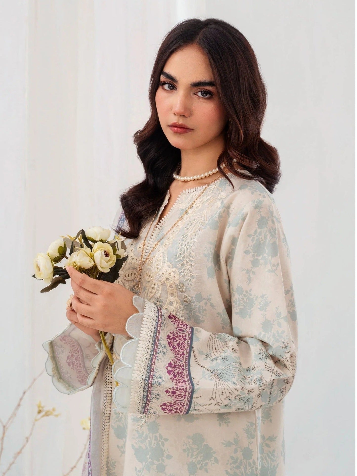 Mint and Cream-Chandan Nagri Lawn Embroidered Stitched 3-Piece Suit-Azure-Ivory