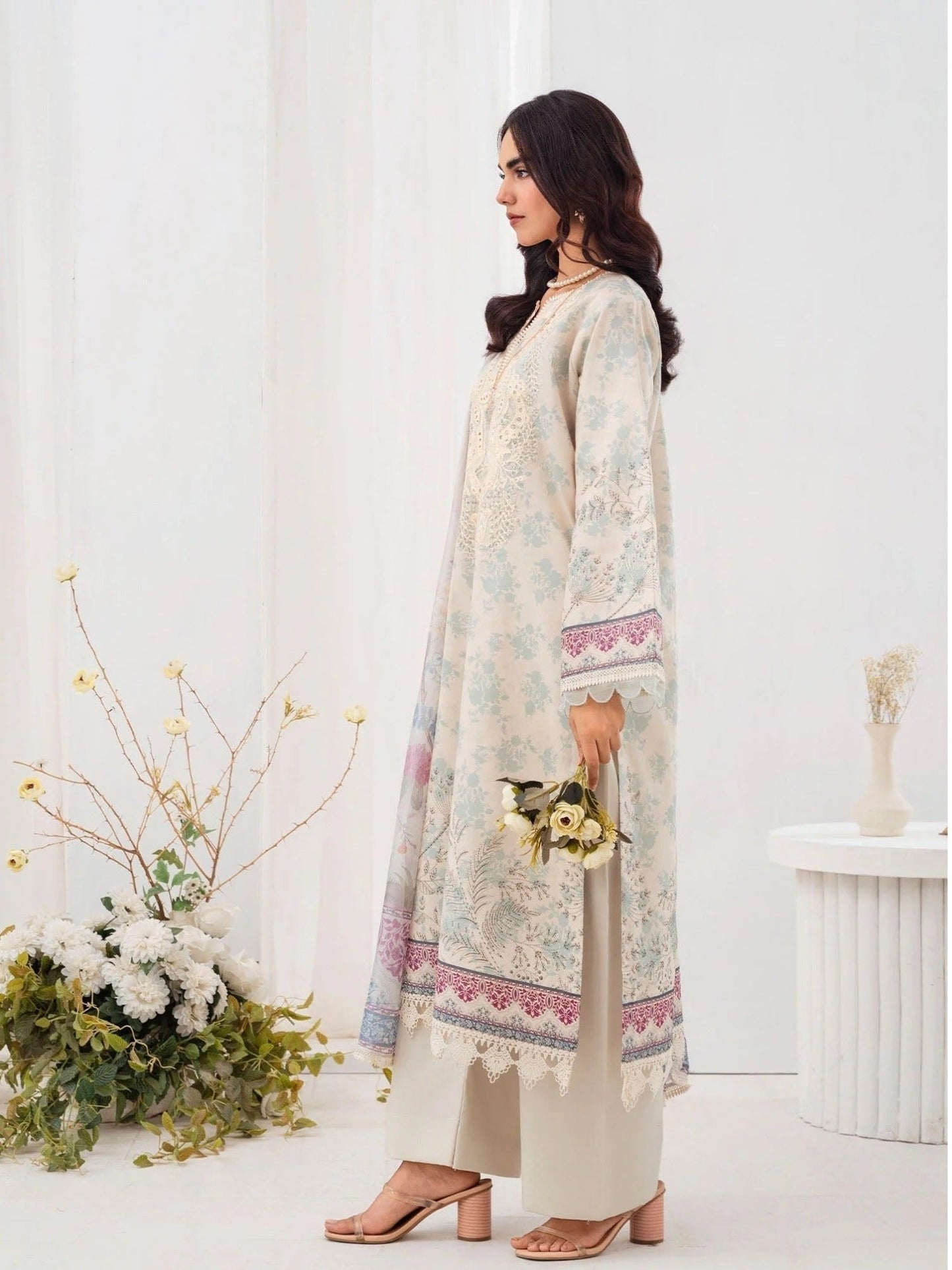 Mint and Cream-Chandan Nagri Lawn Embroidered Stitched 3-Piece Suit-Azure-Ivory