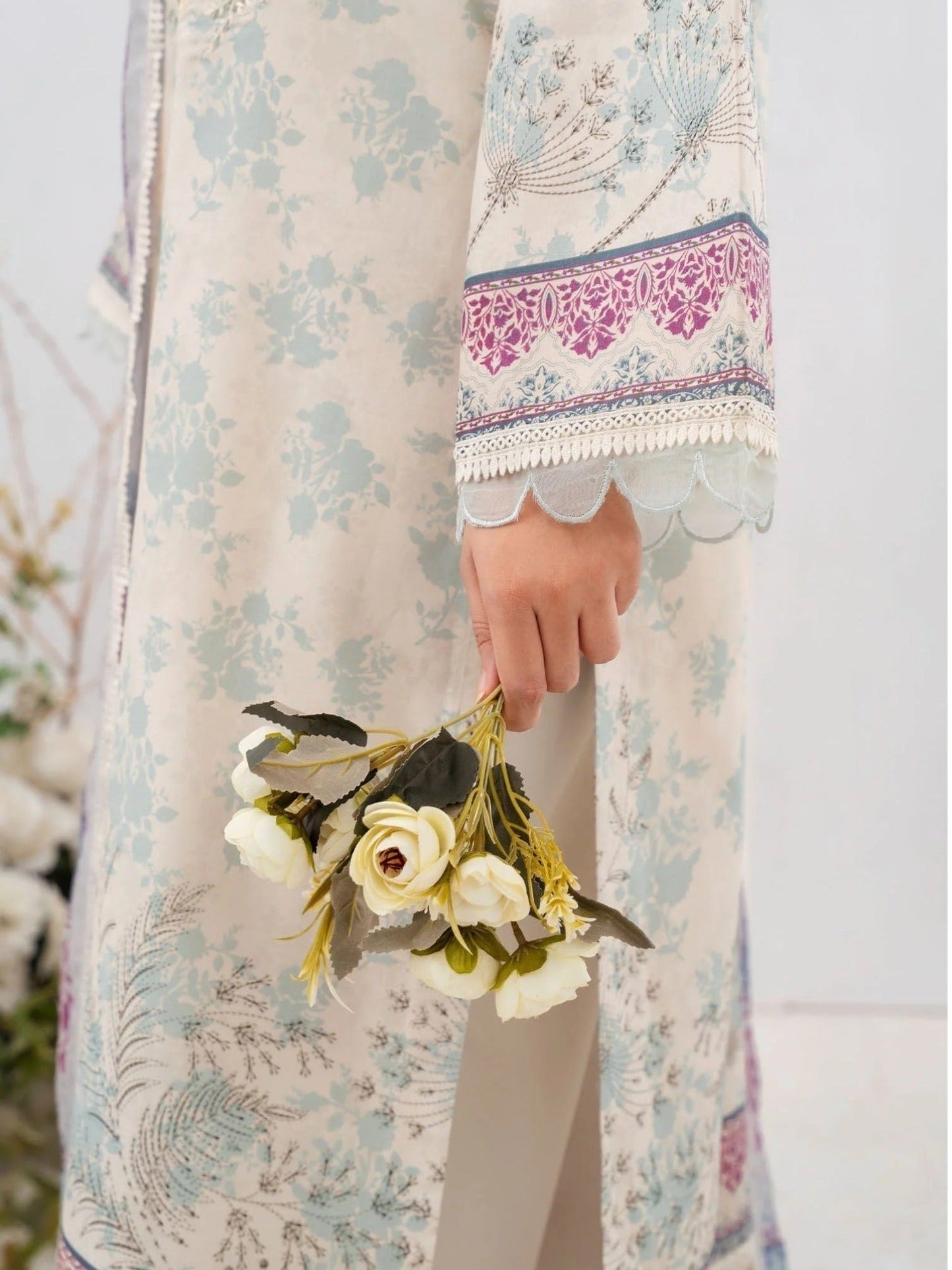 Mint and Cream-Chandan Nagri Lawn Embroidered Stitched 3-Piece Suit-Azure-Ivory