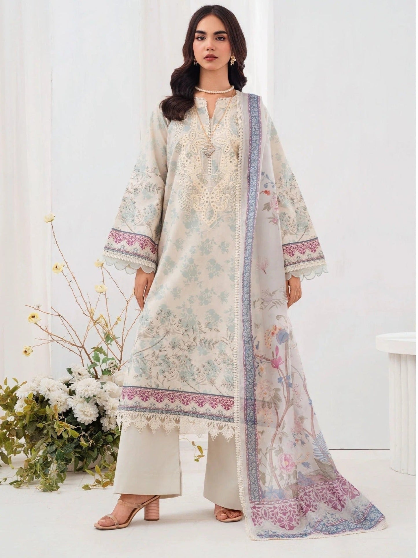 Mint and Cream-Chandan Nagri Lawn Embroidered Stitched 3-Piece Suit-Azure-Ivory