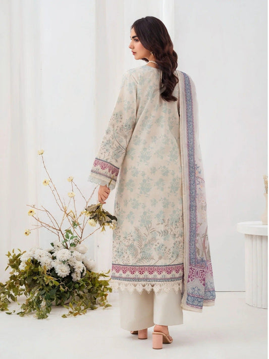 Mint and Cream-Chandan Nagri Lawn Embroidered Stitched 3-Piece Suit-Azure-Ivory