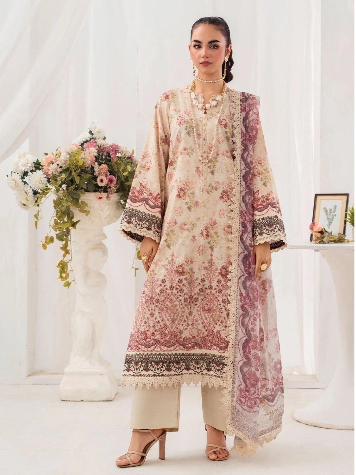 Cream and Pink-Chandan Nagri Lawn Embroidered Stitched 3-Piece Suit-Edena