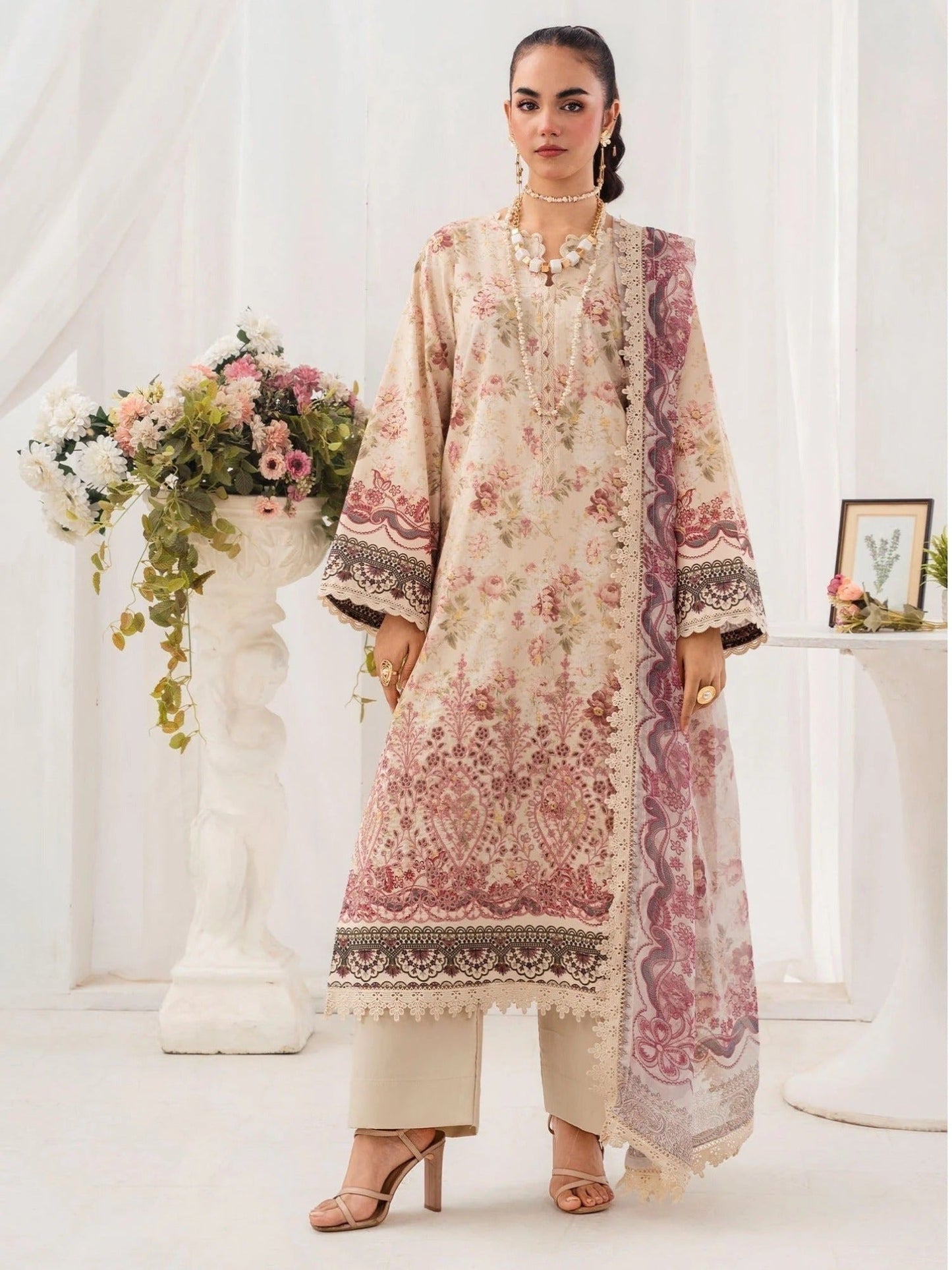 Cream and Pink-Chandan Nagri Lawn Embroidered Stitched 3-Piece Suit-Edena