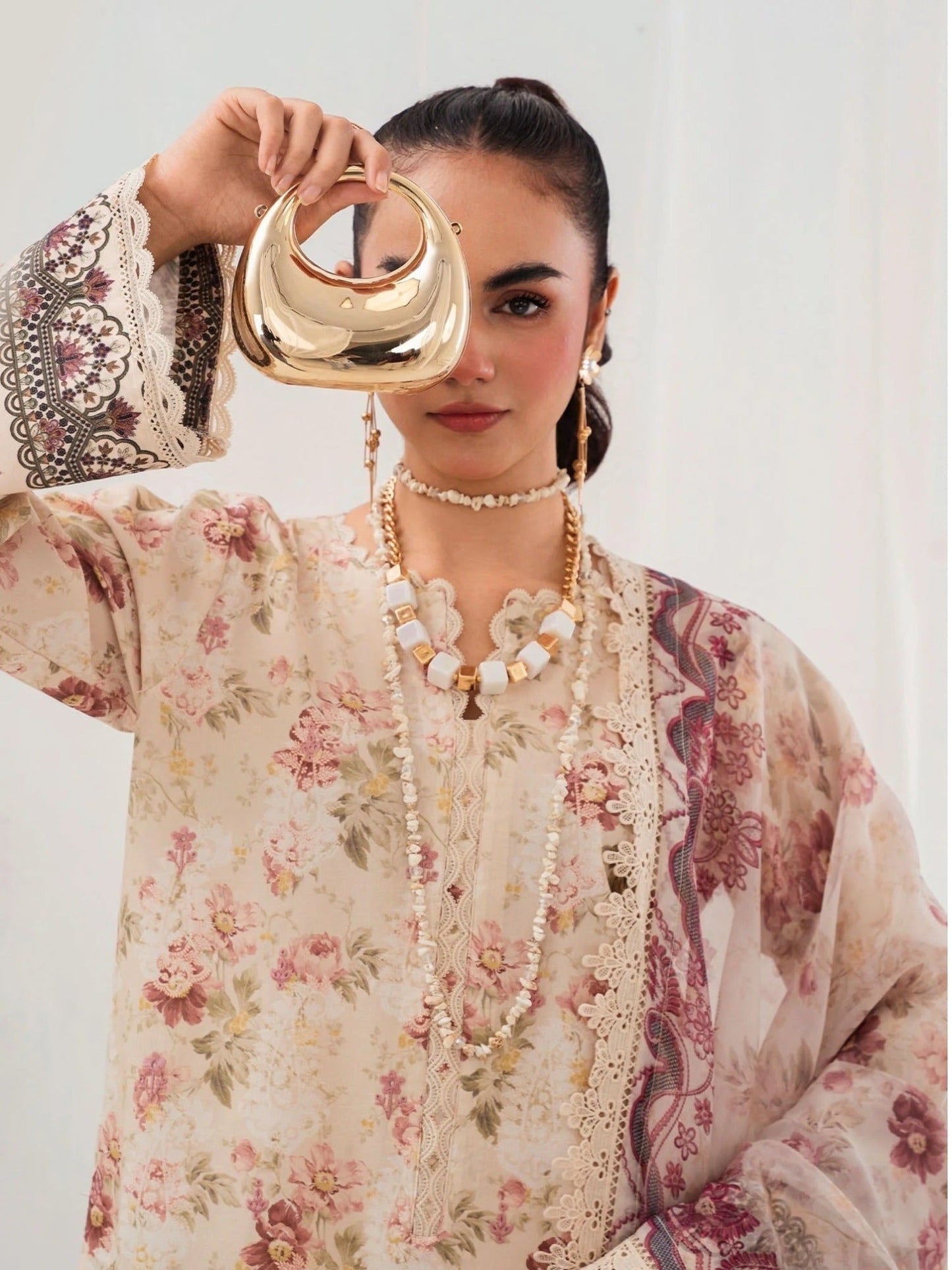 Cream and Pink-Chandan Nagri Lawn Embroidered Stitched 3-Piece Suit-Edena