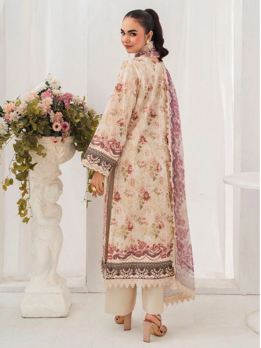 Cream and Pink-Chandan Nagri Lawn Embroidered Stitched 3-Piece Suit-Edena