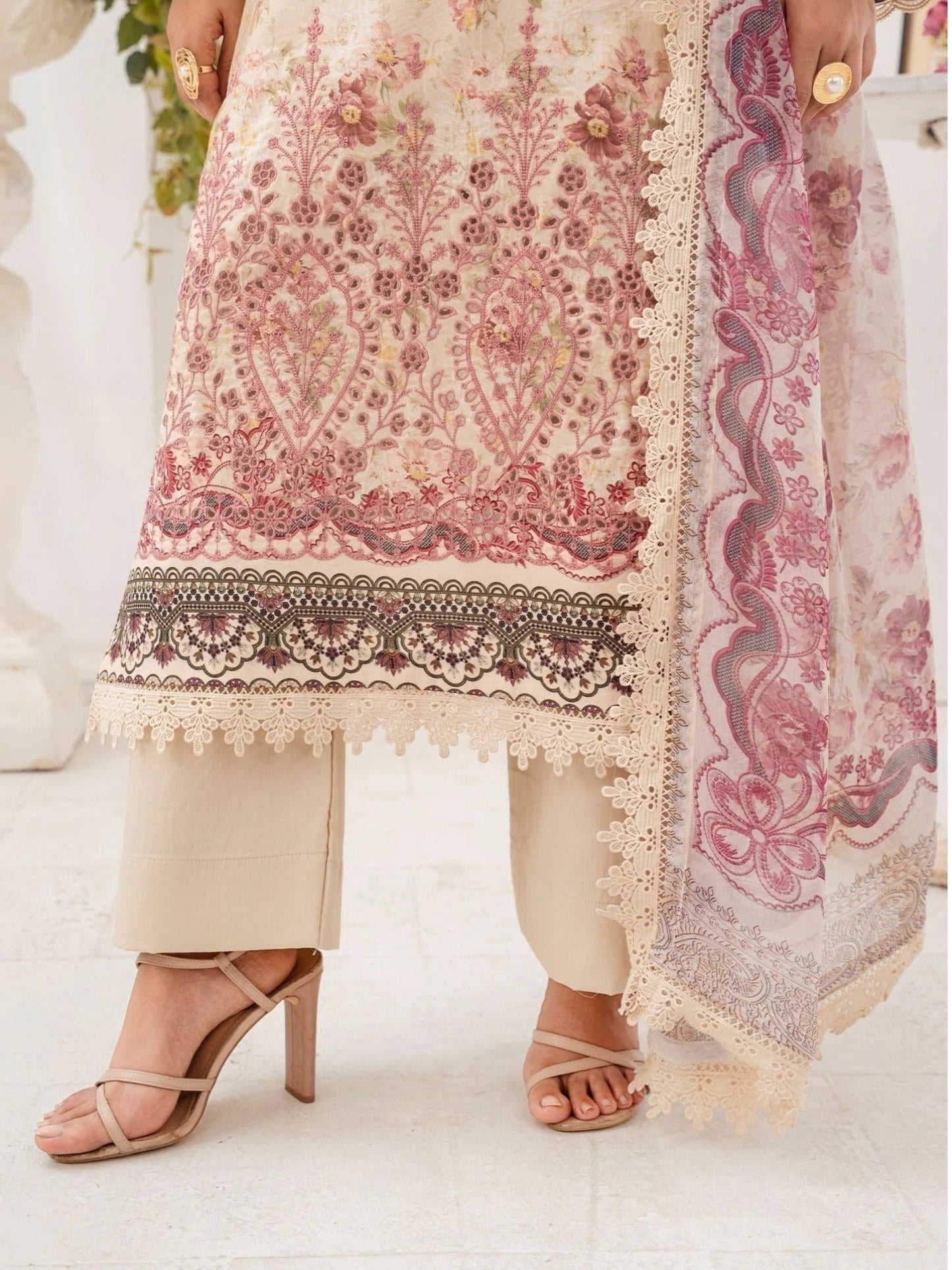 Cream and Pink-Chandan Nagri Lawn Embroidered Stitched 3-Piece Suit-Edena