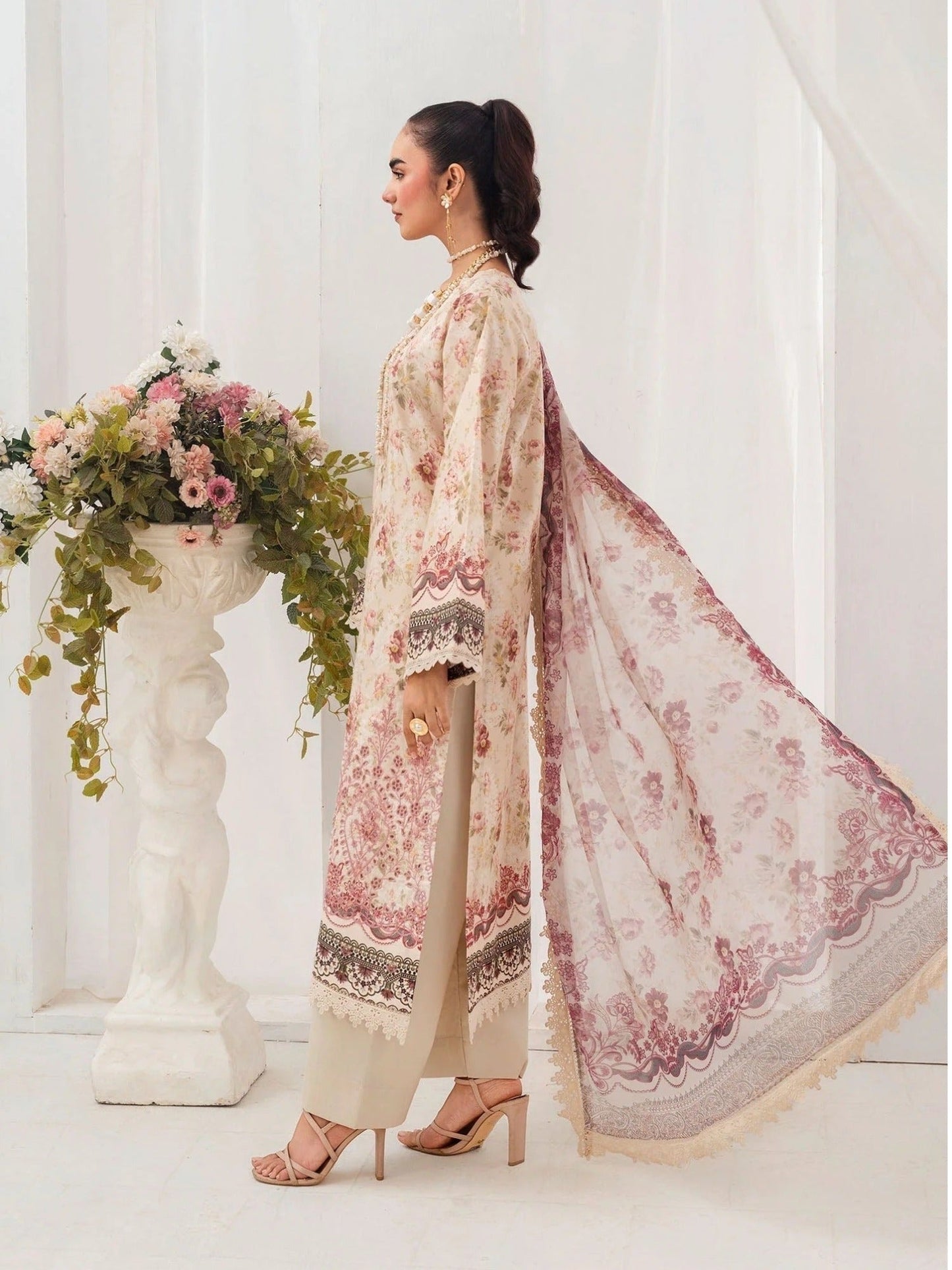 Cream and Pink-Chandan Nagri Lawn Embroidered Stitched 3-Piece Suit-Edena