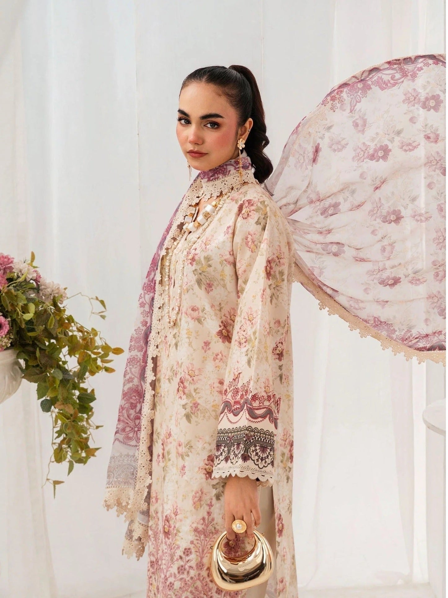Cream and Pink-Chandan Nagri Lawn Embroidered Stitched 3-Piece Suit-Edena