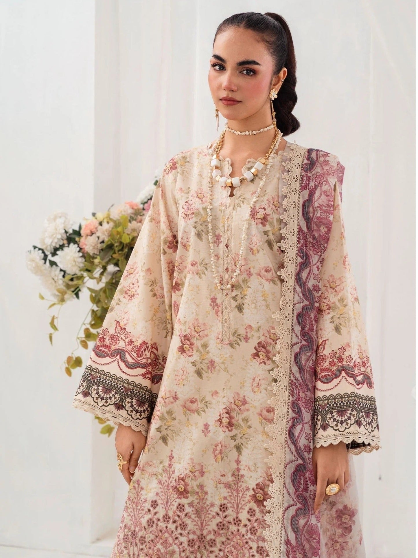 Cream and Pink-Chandan Nagri Lawn Embroidered Stitched 3-Piece Suit-Edena