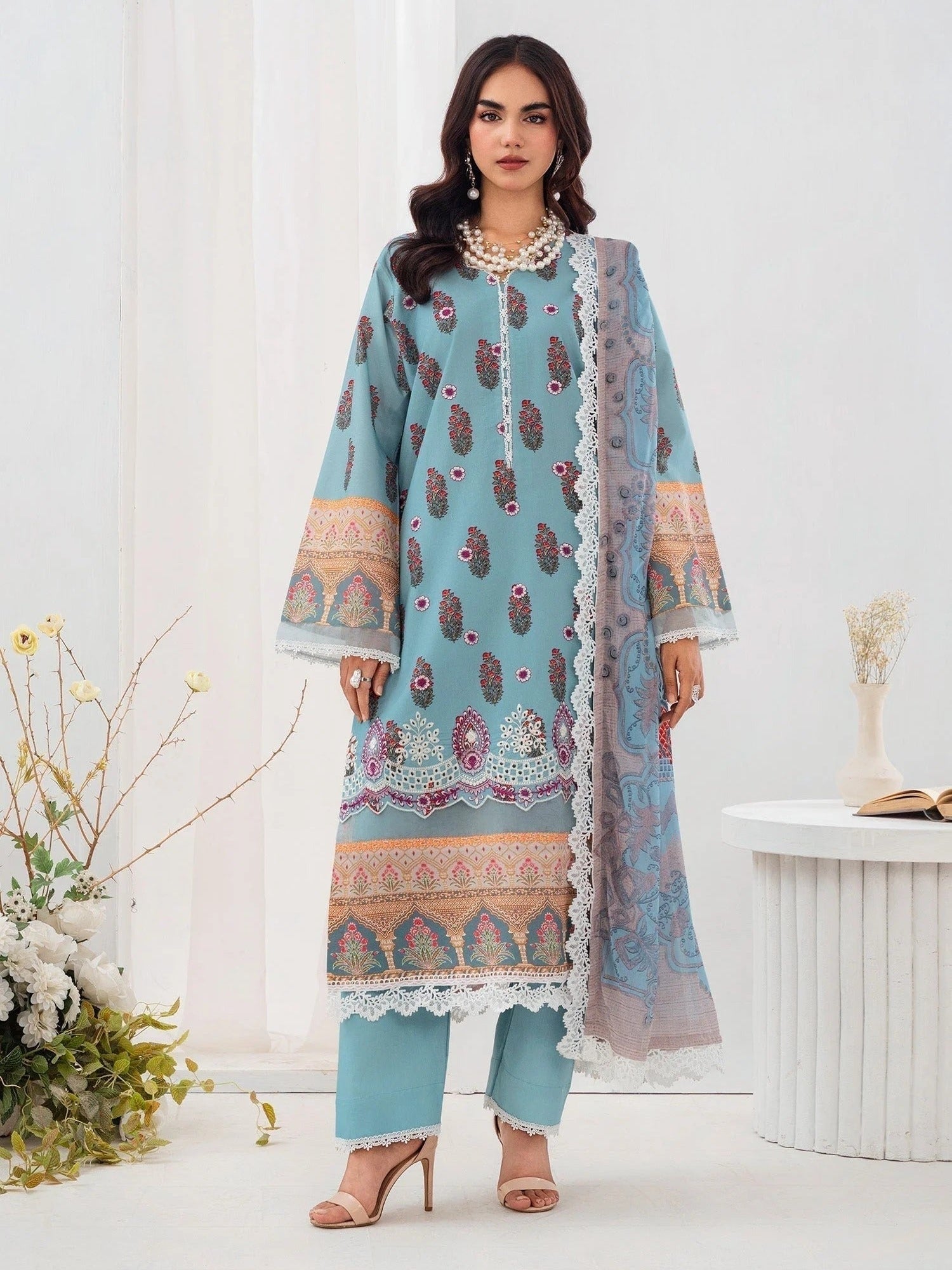 Blue-Chandan Nagri Lawn Embroidered Stitched 3-Piece Suit-Fleur