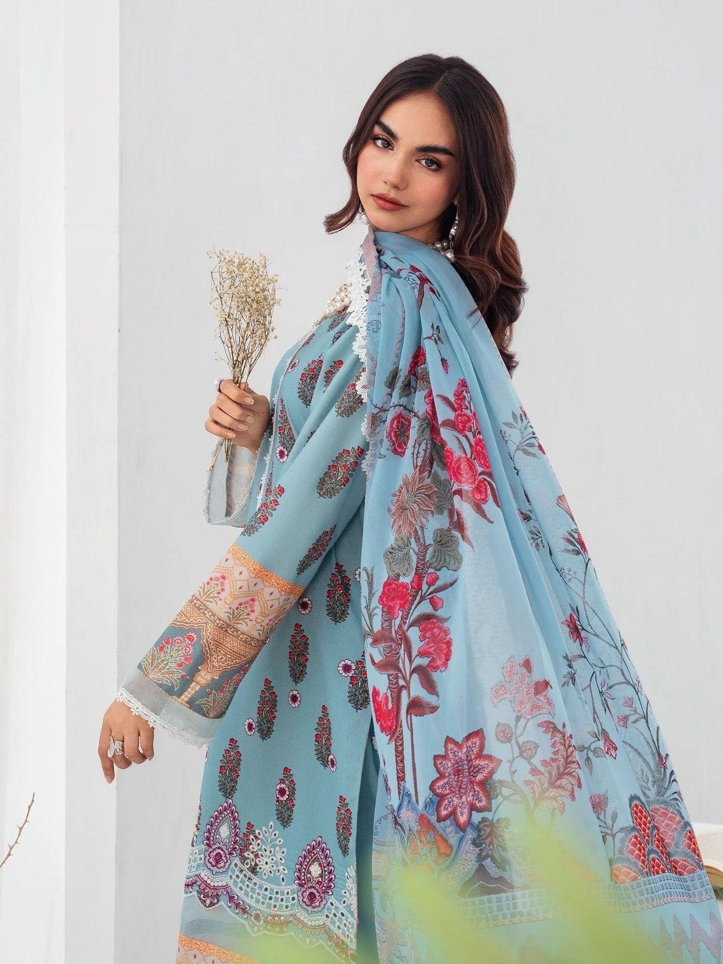 Blue-Chandan Nagri Lawn Embroidered Stitched 3-Piece Suit-Fleur