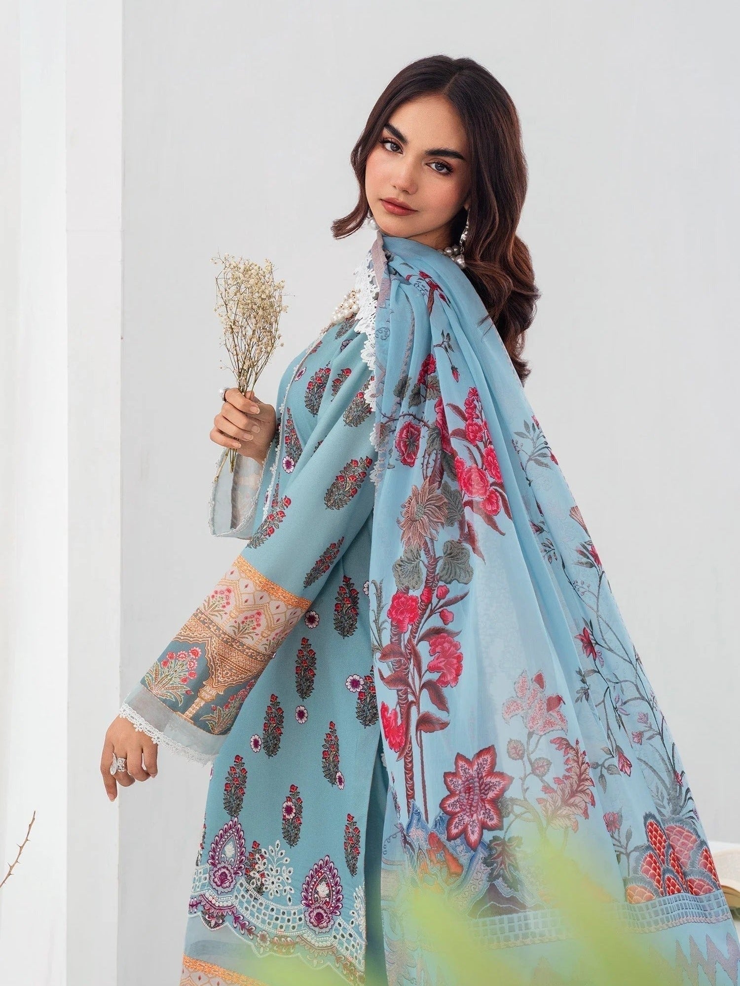 Blue-Chandan Nagri Lawn Embroidered Stitched 3-Piece Suit-Fleur