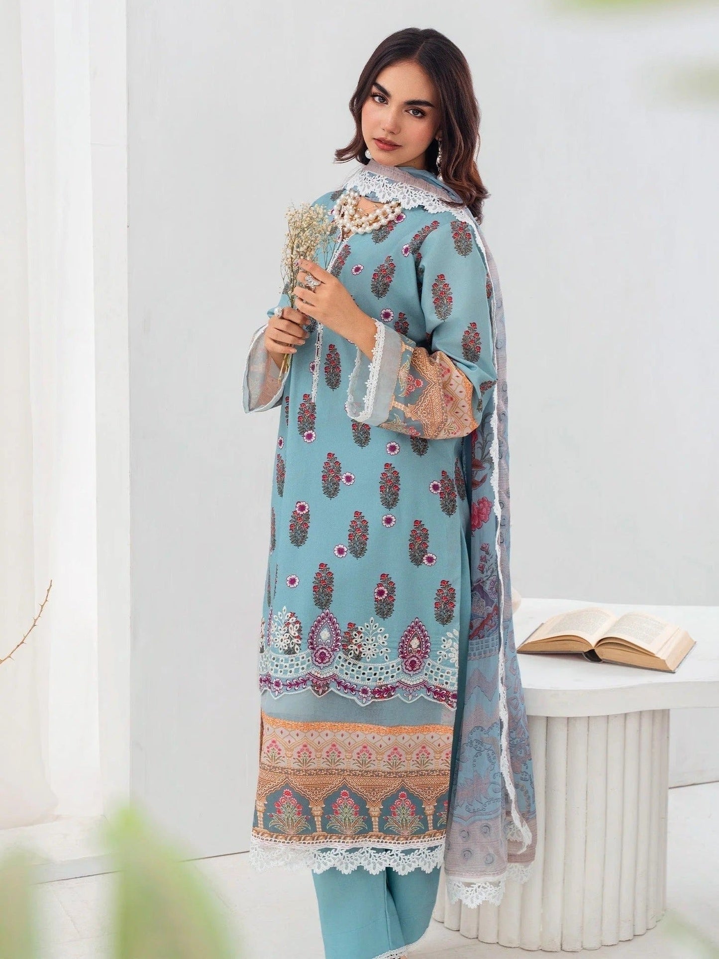 Blue-Chandan Nagri Lawn Embroidered Stitched 3-Piece Suit-Fleur